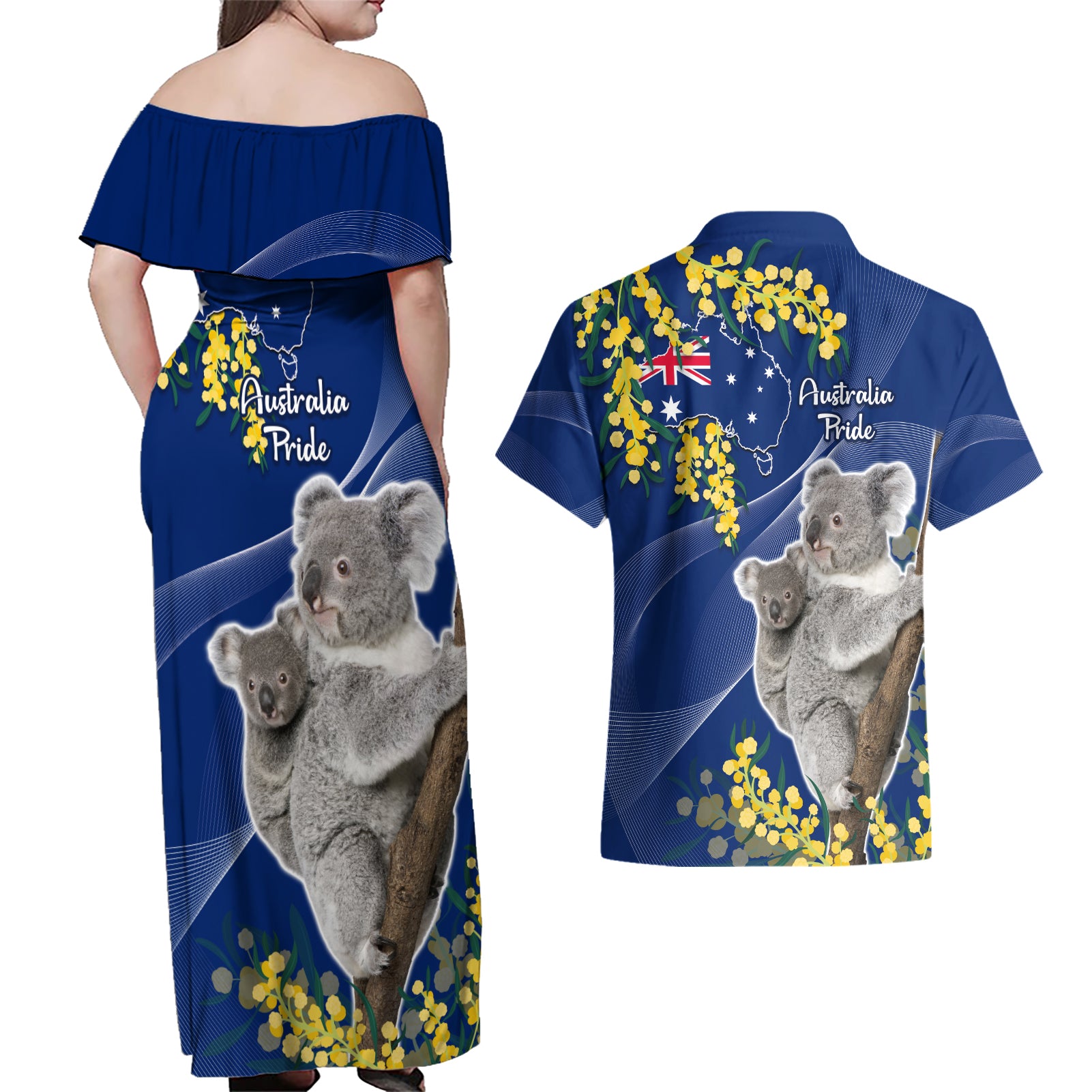 Australia Day Couples Matching Off Shoulder Maxi Dress and Hawaiian Shirt Proud To Be An Aussie Koala With Map Golden Wattle