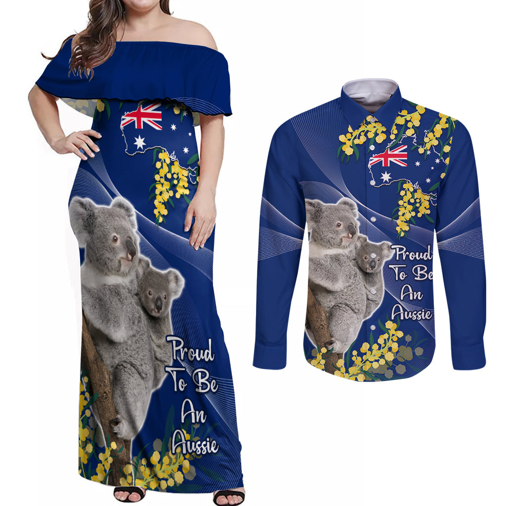 Australia Day Couples Matching Off Shoulder Maxi Dress and Long Sleeve Button Shirt Proud To Be An Aussie Koala With Map Golden Wattle