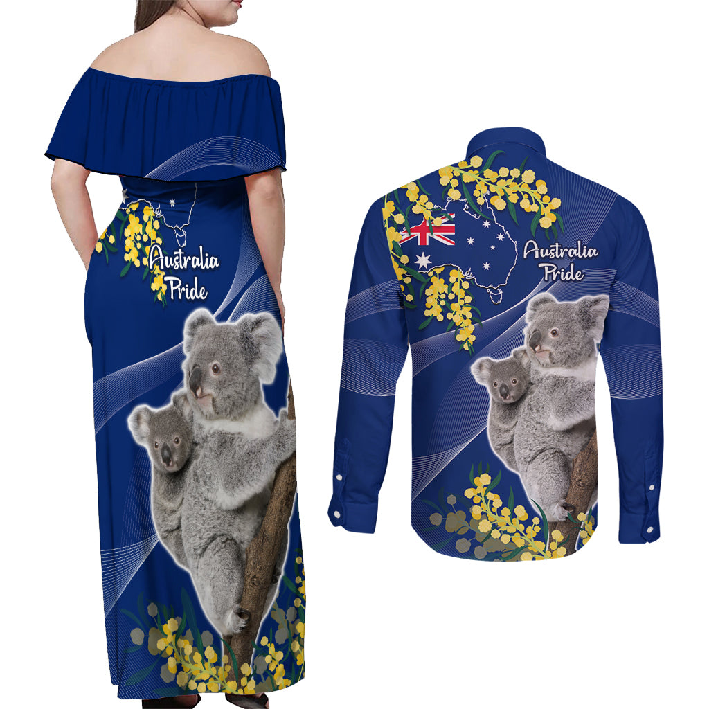 Australia Day Couples Matching Off Shoulder Maxi Dress and Long Sleeve Button Shirt Proud To Be An Aussie Koala With Map Golden Wattle