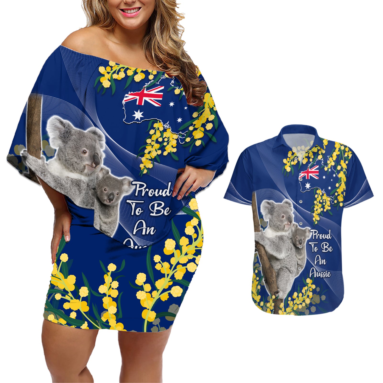 Australia Day Couples Matching Off Shoulder Short Dress and Hawaiian Shirt Proud To Be An Aussie Koala With Map Golden Wattle