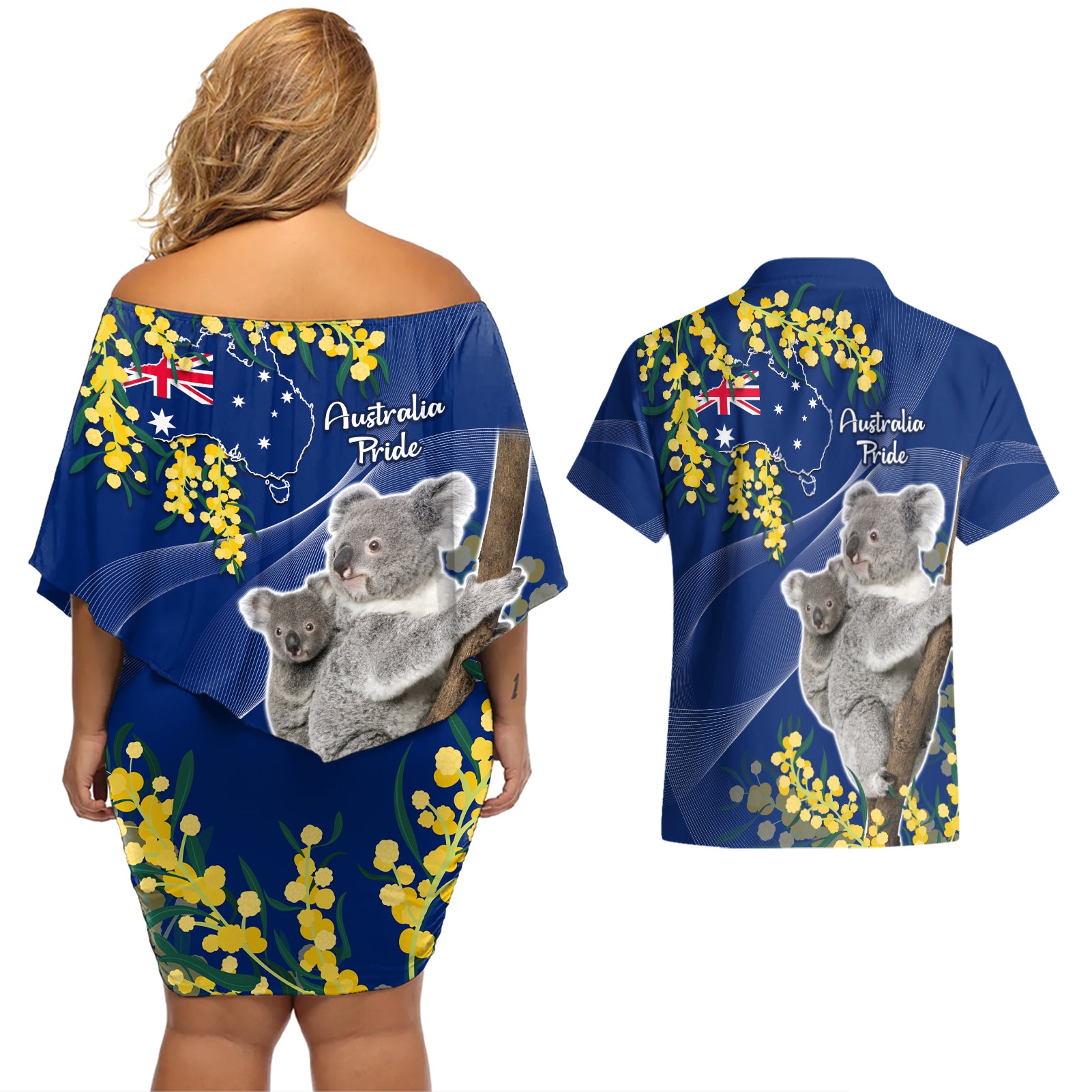 Australia Day Couples Matching Off Shoulder Short Dress and Hawaiian Shirt Proud To Be An Aussie Koala With Map Golden Wattle