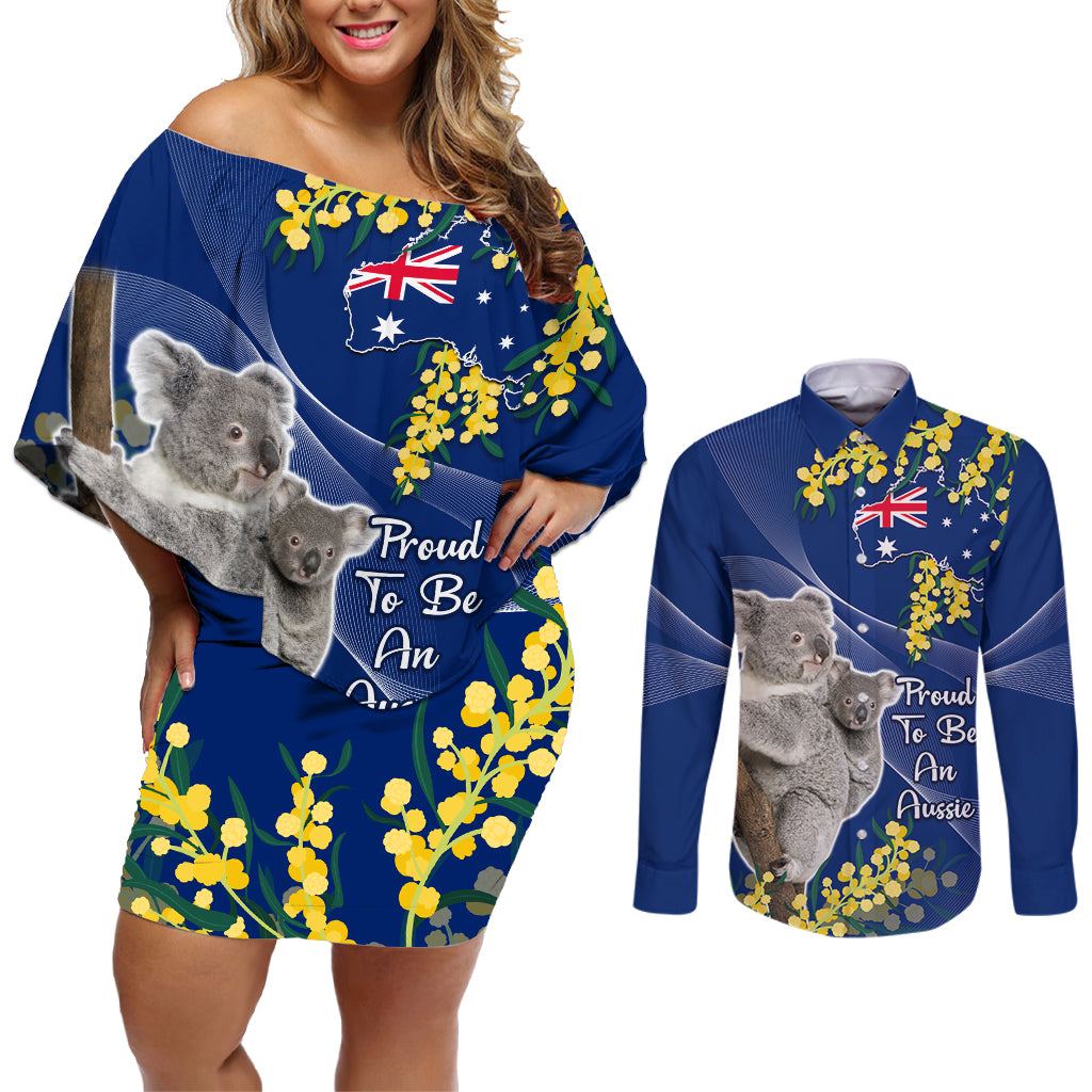 Australia Day Couples Matching Off Shoulder Short Dress and Long Sleeve Button Shirt Proud To Be An Aussie Koala With Map Golden Wattle