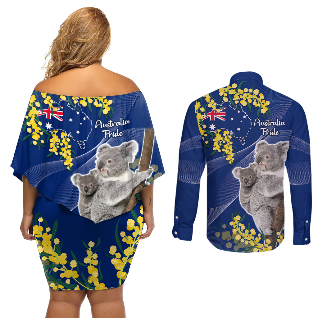 Australia Day Couples Matching Off Shoulder Short Dress and Long Sleeve Button Shirt Proud To Be An Aussie Koala With Map Golden Wattle