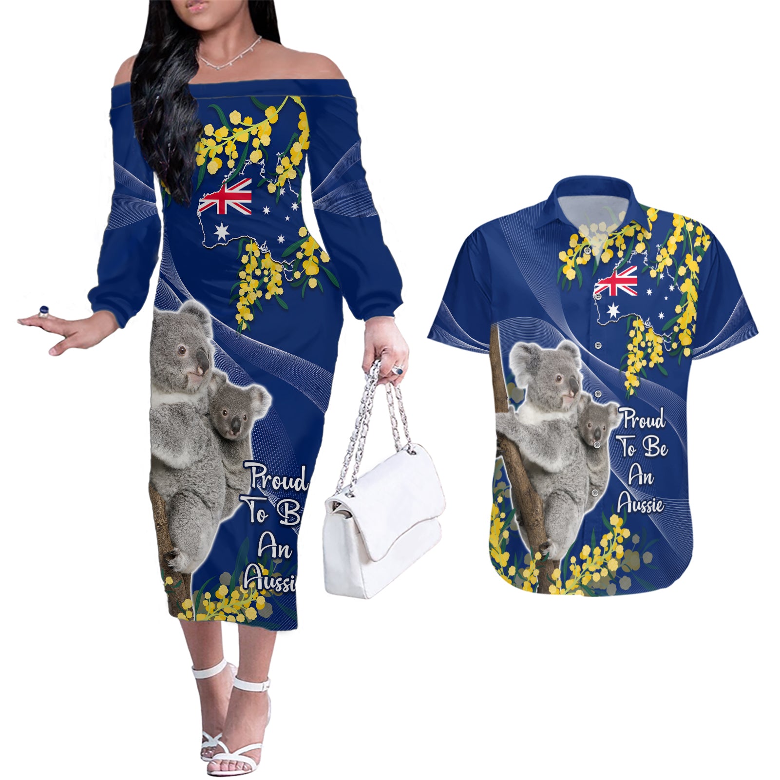 Australia Day Couples Matching Off The Shoulder Long Sleeve Dress and Hawaiian Shirt Proud To Be An Aussie Koala With Map Golden Wattle