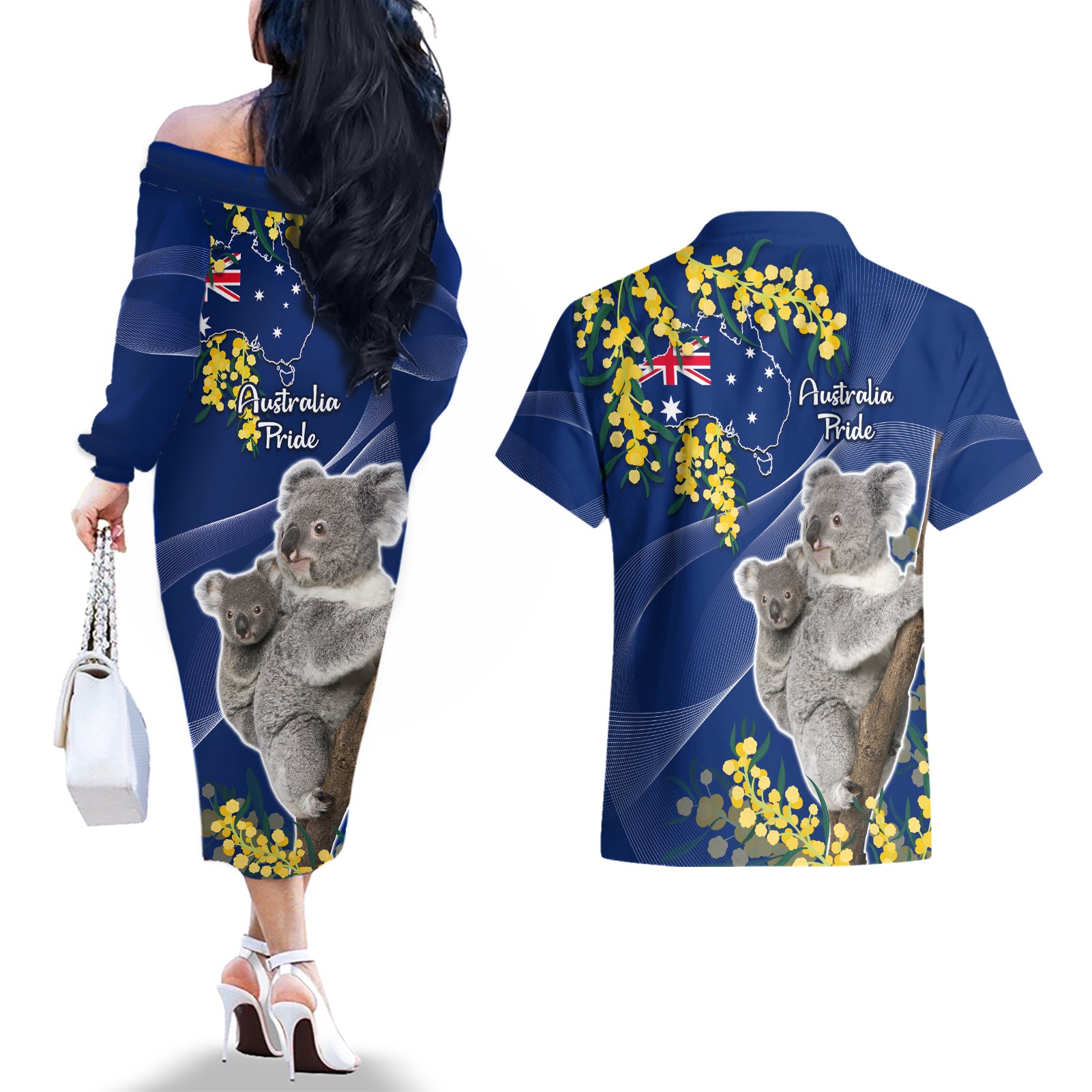 Australia Day Couples Matching Off The Shoulder Long Sleeve Dress and Hawaiian Shirt Proud To Be An Aussie Koala With Map Golden Wattle