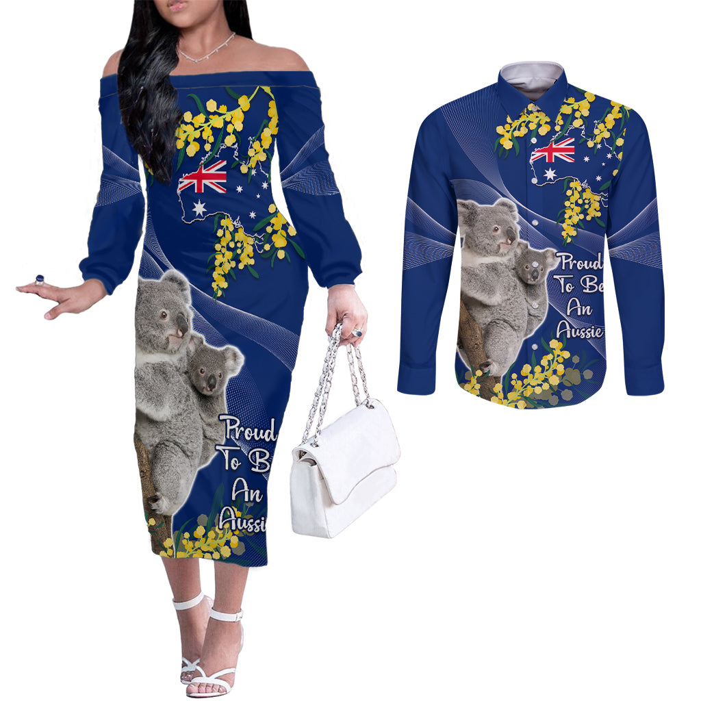 Australia Day Couples Matching Off The Shoulder Long Sleeve Dress and Long Sleeve Button Shirt Proud To Be An Aussie Koala With Map Golden Wattle