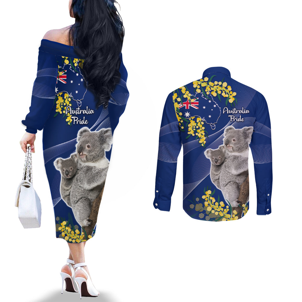 Australia Day Couples Matching Off The Shoulder Long Sleeve Dress and Long Sleeve Button Shirt Proud To Be An Aussie Koala With Map Golden Wattle