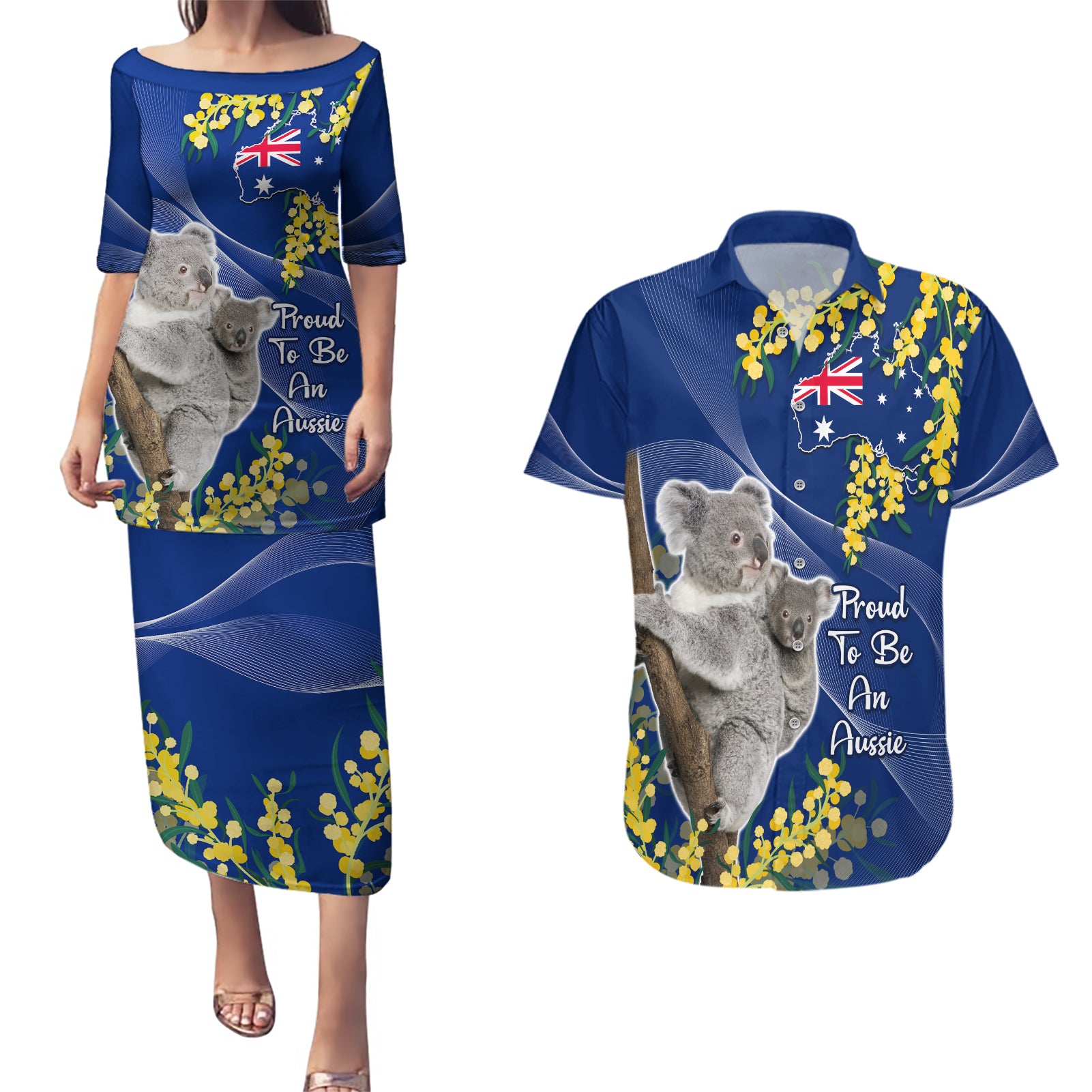 Australia Day Couples Matching Puletasi and Hawaiian Shirt Proud To Be An Aussie Koala With Map Golden Wattle