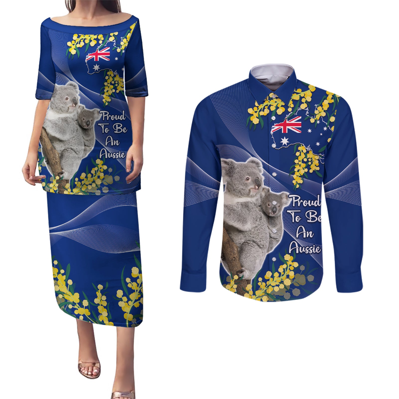 Australia Day Couples Matching Puletasi and Long Sleeve Button Shirt Proud To Be An Aussie Koala With Map Golden Wattle