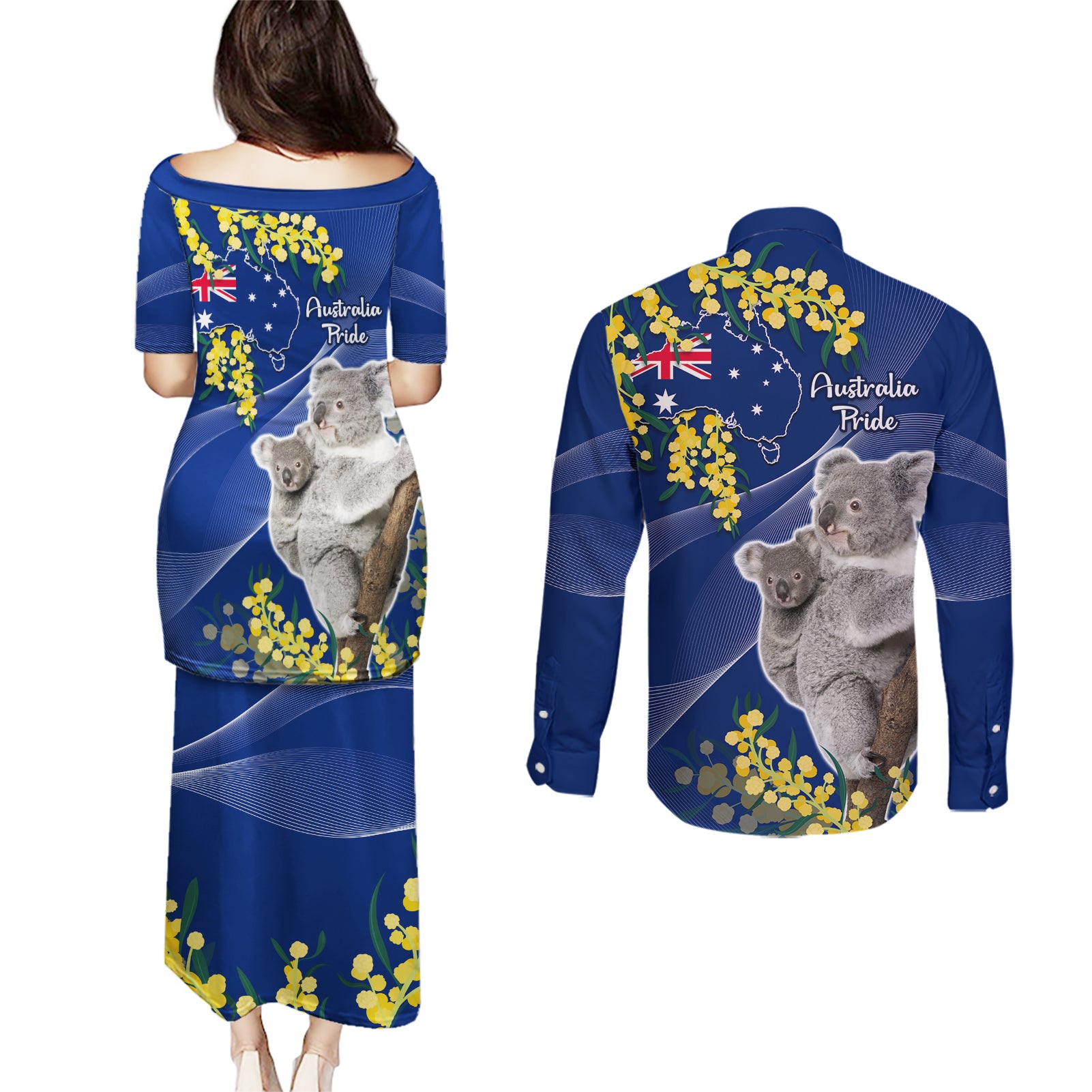 Australia Day Couples Matching Puletasi and Long Sleeve Button Shirt Proud To Be An Aussie Koala With Map Golden Wattle