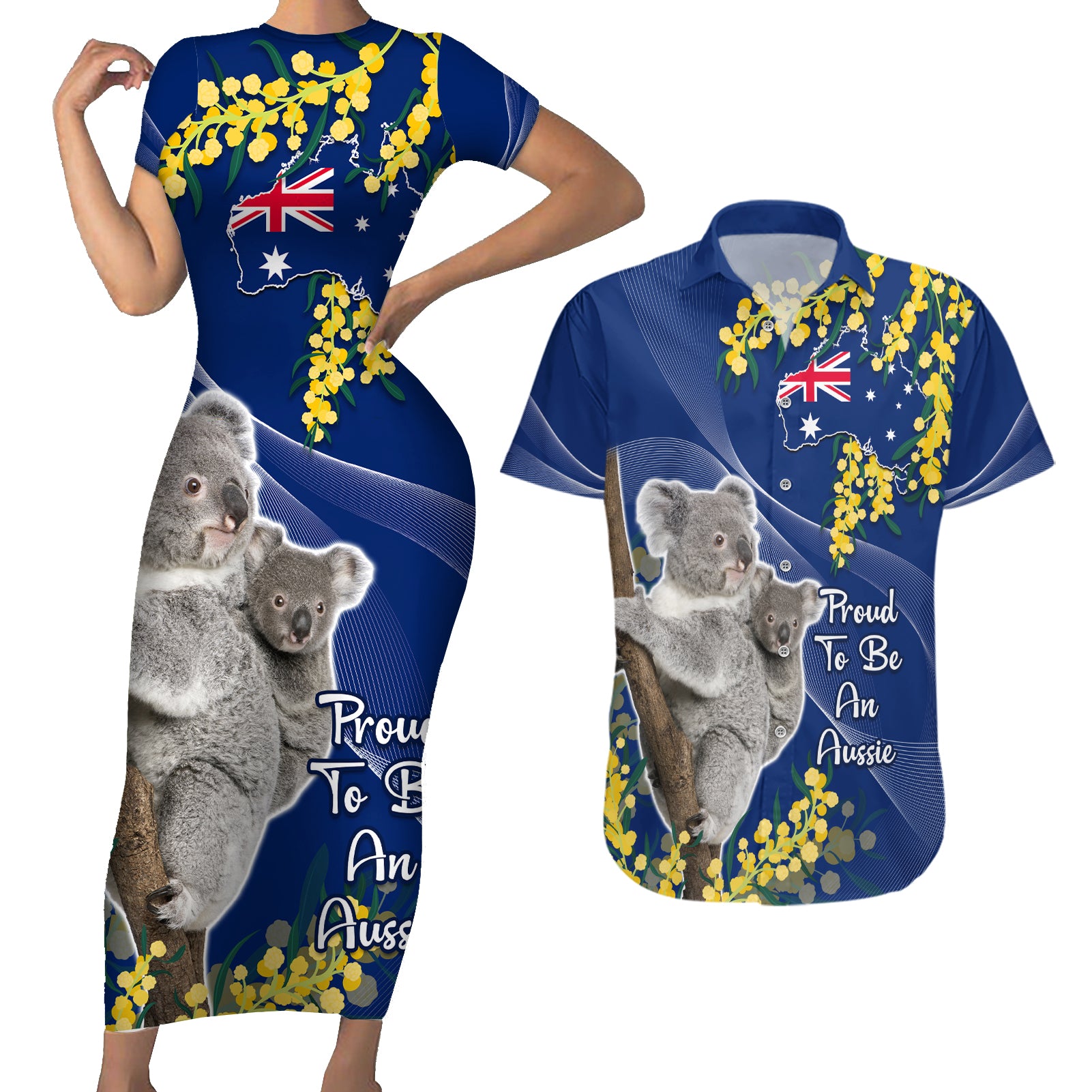 Australia Day Couples Matching Short Sleeve Bodycon Dress and Hawaiian Shirt Proud To Be An Aussie Koala With Map Golden Wattle