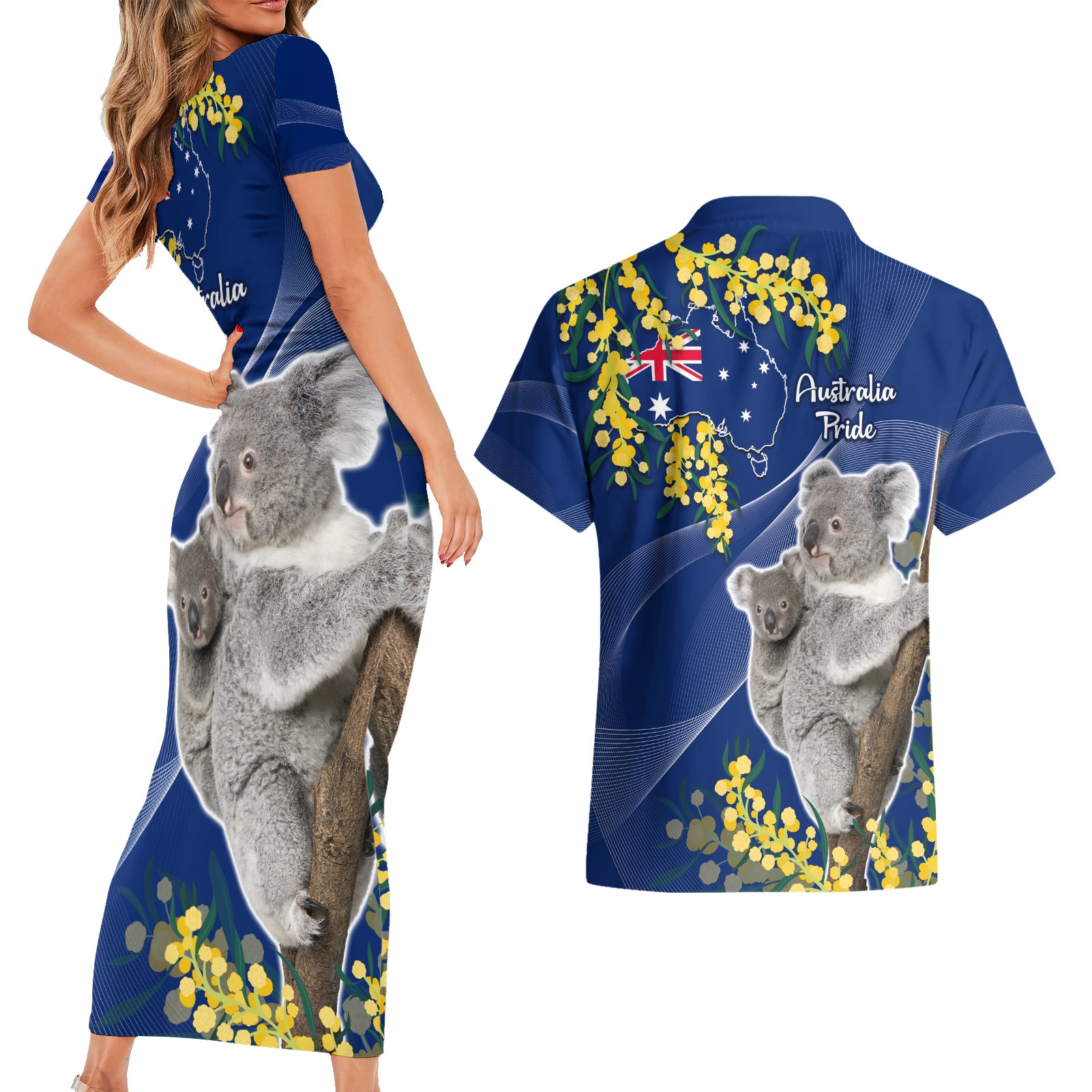 Australia Day Couples Matching Short Sleeve Bodycon Dress and Hawaiian Shirt Proud To Be An Aussie Koala With Map Golden Wattle