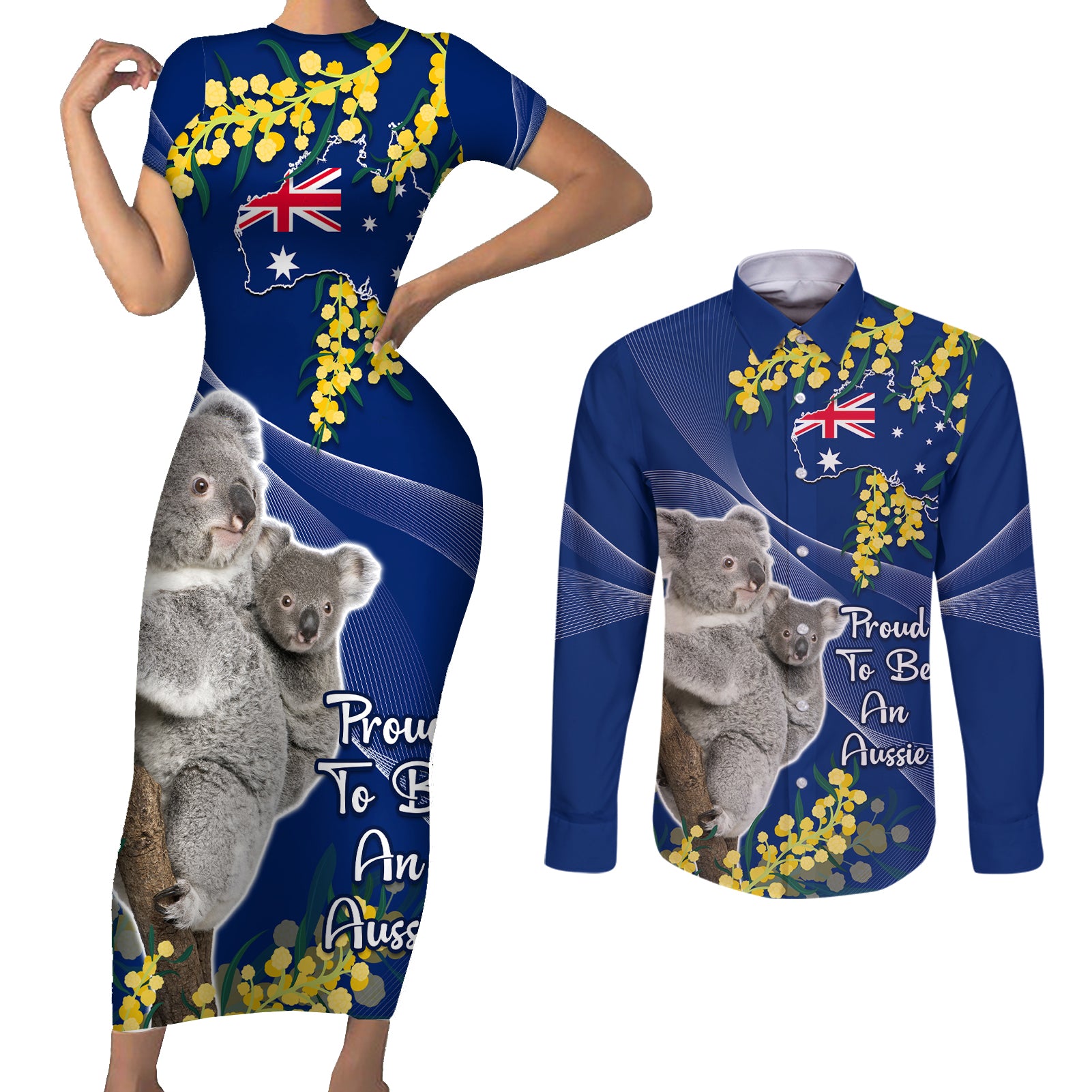 Australia Day Couples Matching Short Sleeve Bodycon Dress and Long Sleeve Button Shirt Proud To Be An Aussie Koala With Map Golden Wattle