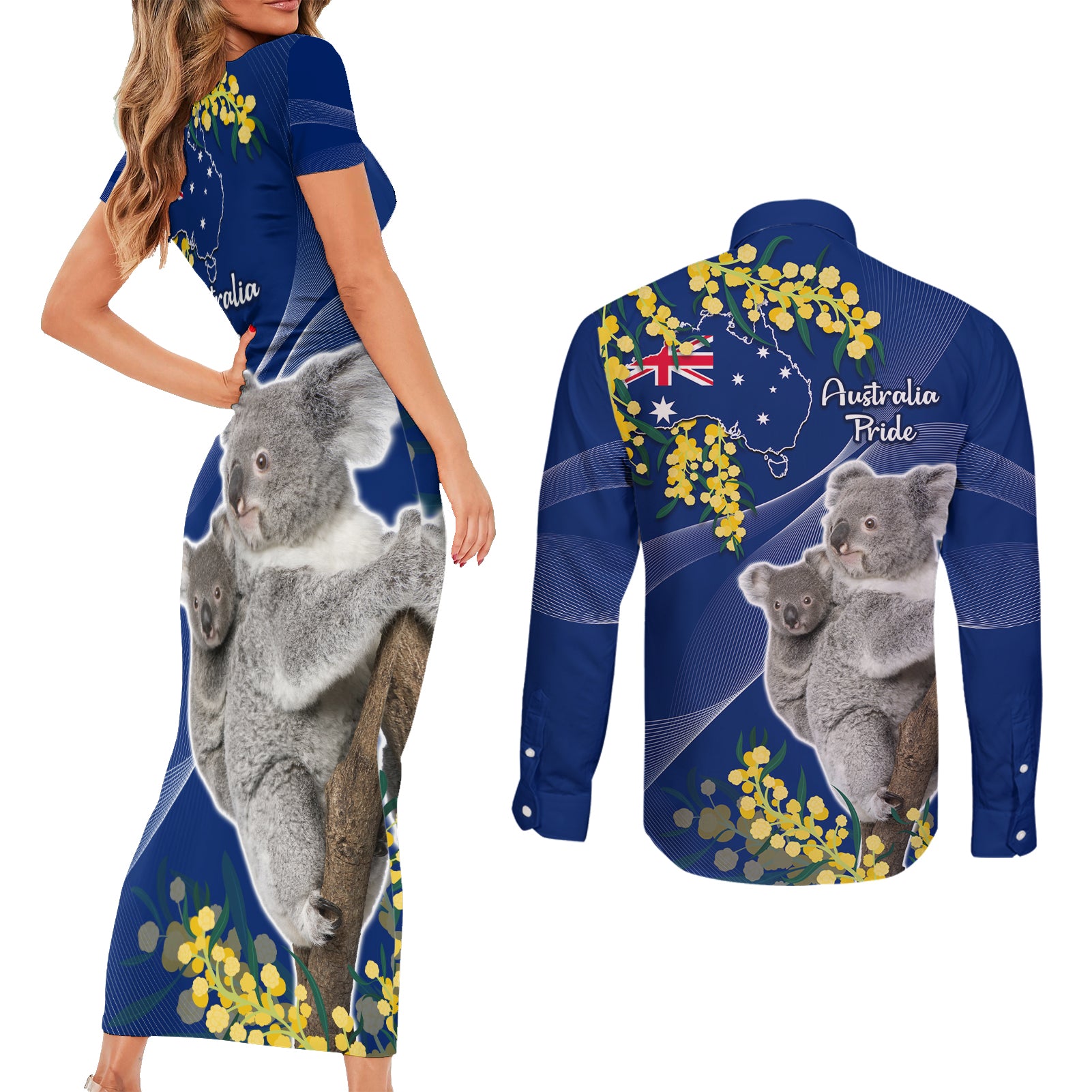 Australia Day Couples Matching Short Sleeve Bodycon Dress and Long Sleeve Button Shirt Proud To Be An Aussie Koala With Map Golden Wattle