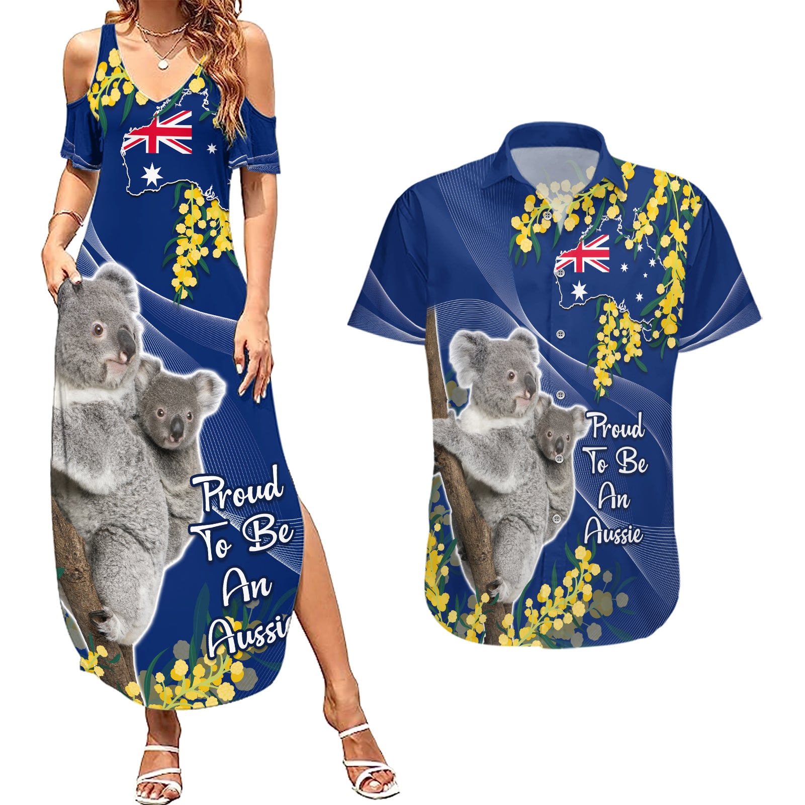 Australia Day Couples Matching Summer Maxi Dress and Hawaiian Shirt Proud To Be An Aussie Koala With Map Golden Wattle