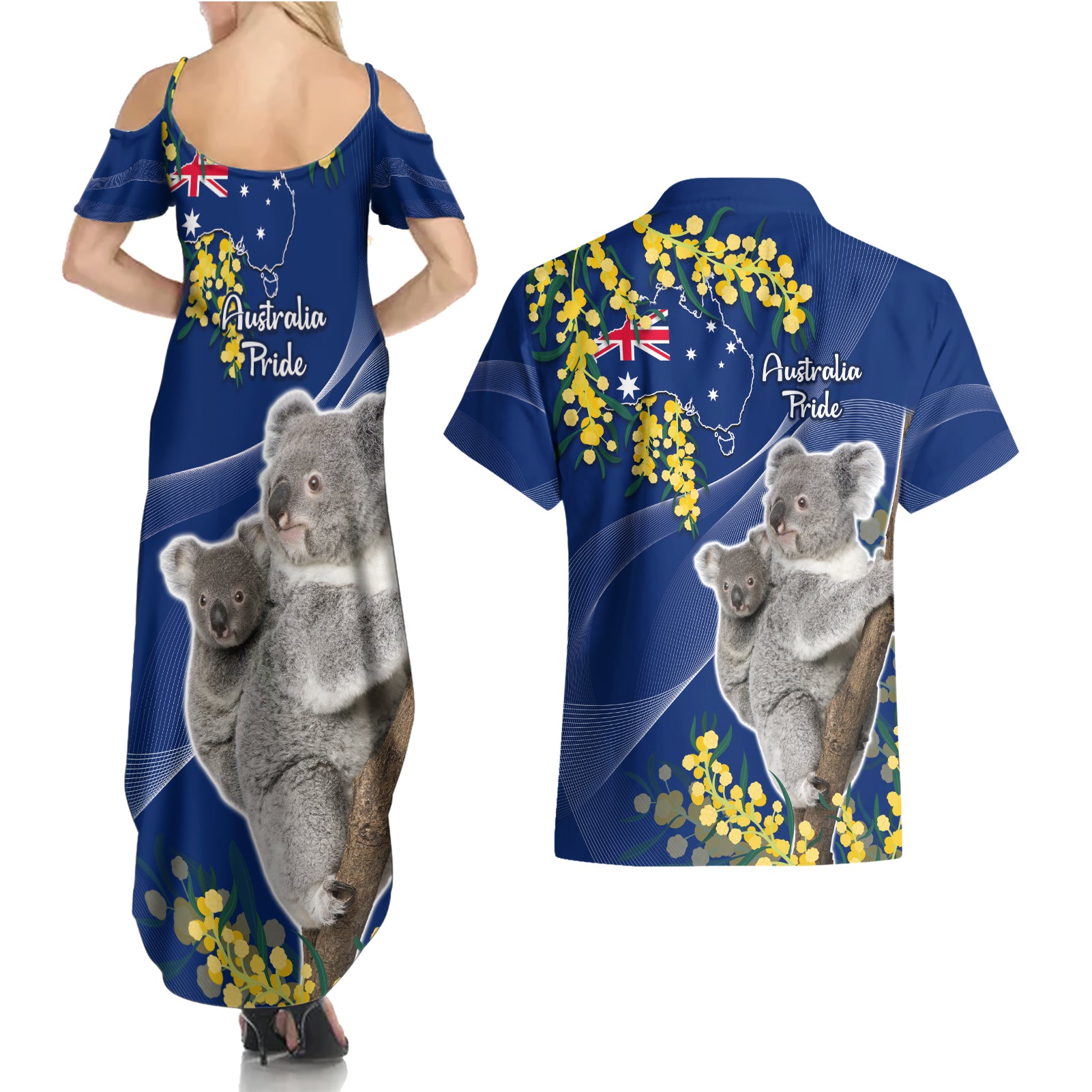 Australia Day Couples Matching Summer Maxi Dress and Hawaiian Shirt Proud To Be An Aussie Koala With Map Golden Wattle