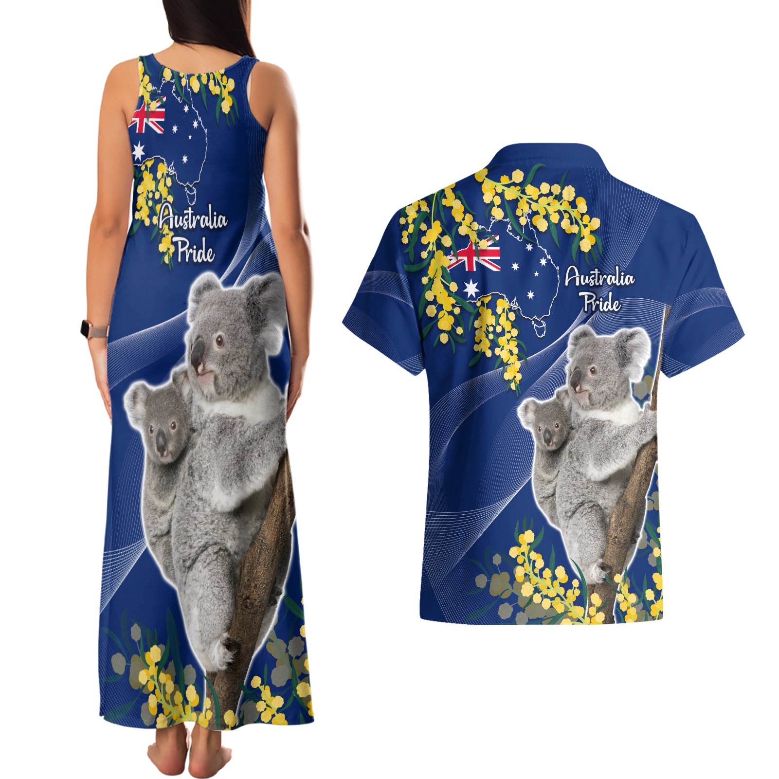 Australia Day Couples Matching Tank Maxi Dress and Hawaiian Shirt Proud To Be An Aussie Koala With Map Golden Wattle