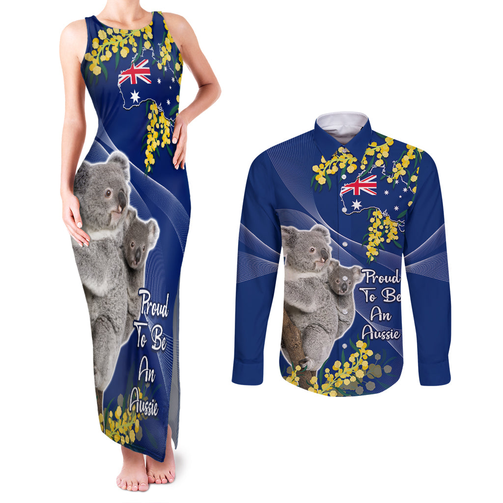 Australia Day Couples Matching Tank Maxi Dress and Long Sleeve Button Shirt Proud To Be An Aussie Koala With Map Golden Wattle