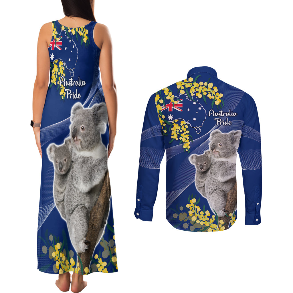 Australia Day Couples Matching Tank Maxi Dress and Long Sleeve Button Shirt Proud To Be An Aussie Koala With Map Golden Wattle