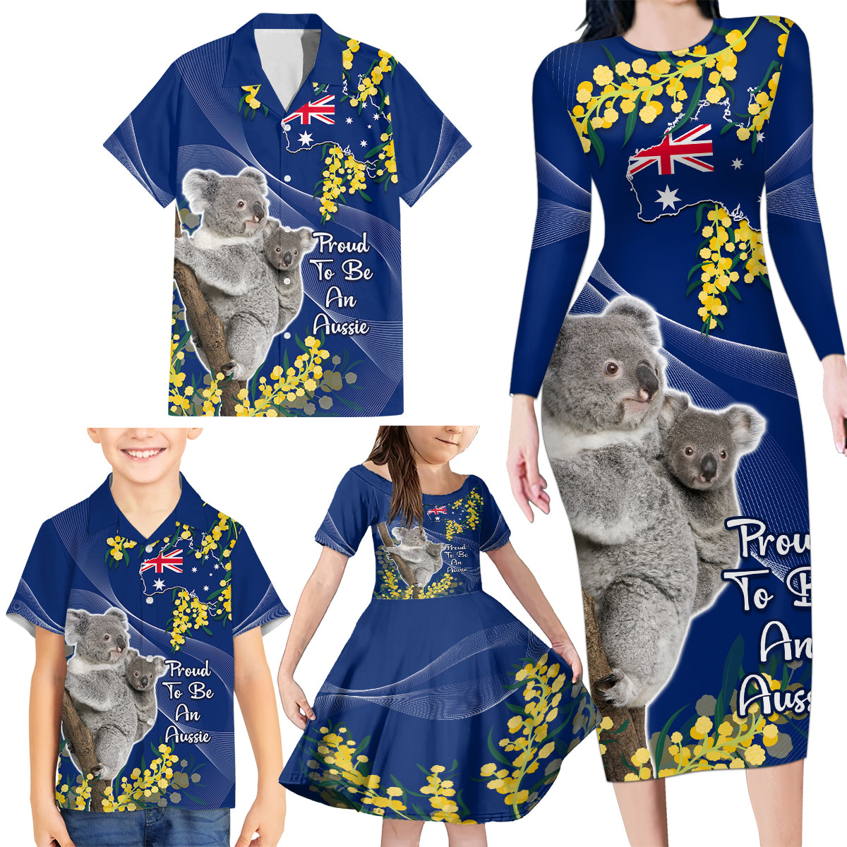 Australia Day Family Matching Long Sleeve Bodycon Dress and Hawaiian Shirt Proud To Be An Aussie Koala With Map Golden Wattle