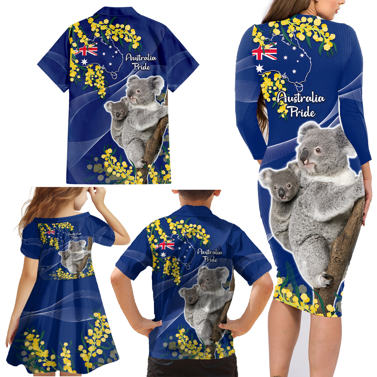 Australia Day Family Matching Long Sleeve Bodycon Dress and Hawaiian Shirt Proud To Be An Aussie Koala With Map Golden Wattle