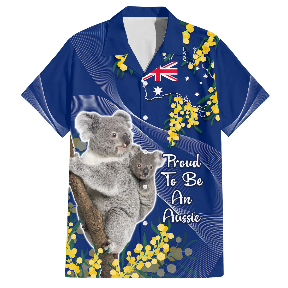 Australia Day Family Matching Long Sleeve Bodycon Dress and Hawaiian Shirt Proud To Be An Aussie Koala With Map Golden Wattle