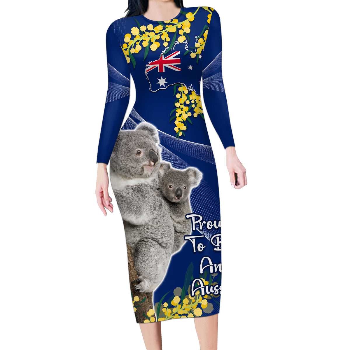 Australia Day Family Matching Long Sleeve Bodycon Dress and Hawaiian Shirt Proud To Be An Aussie Koala With Map Golden Wattle