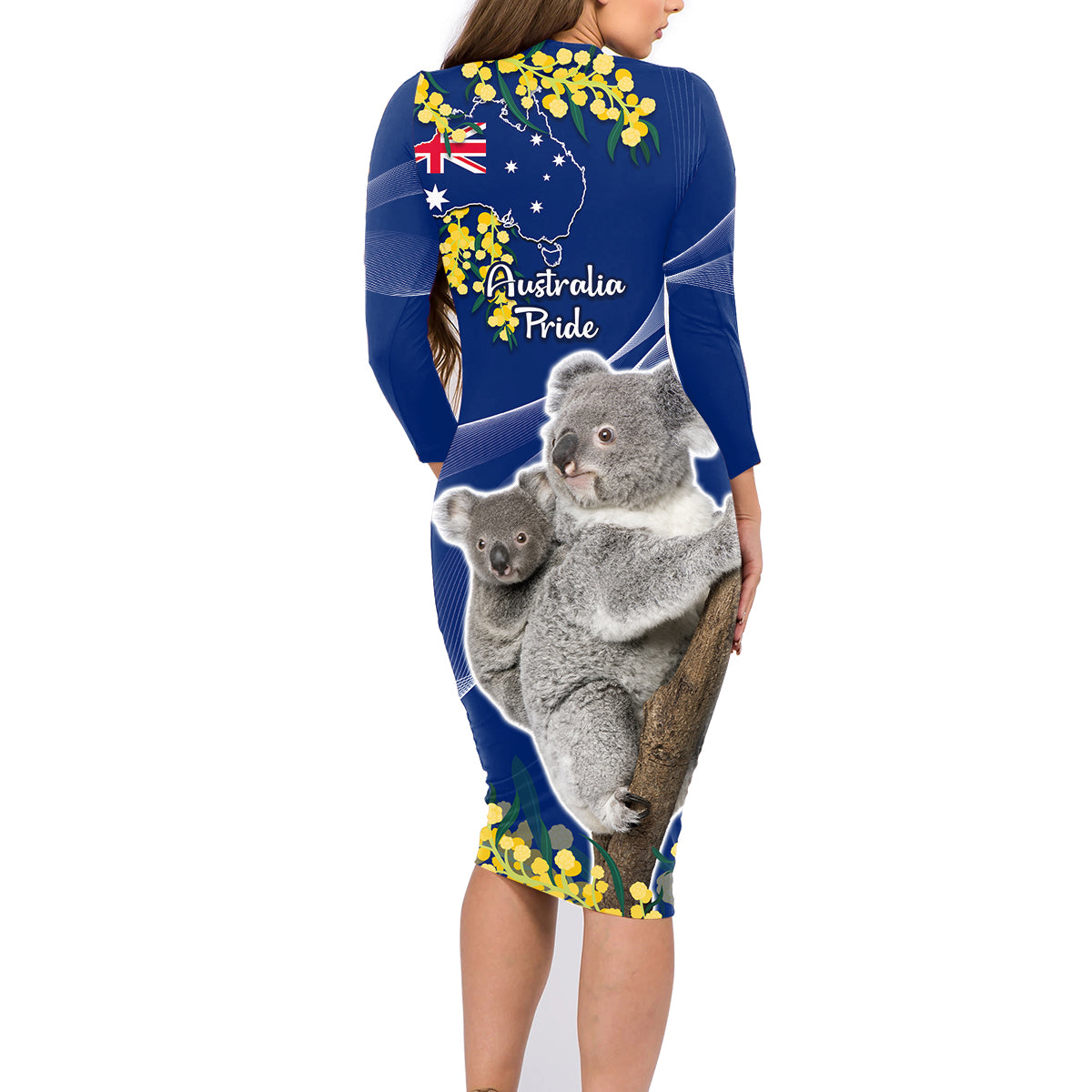 Australia Day Family Matching Long Sleeve Bodycon Dress and Hawaiian Shirt Proud To Be An Aussie Koala With Map Golden Wattle