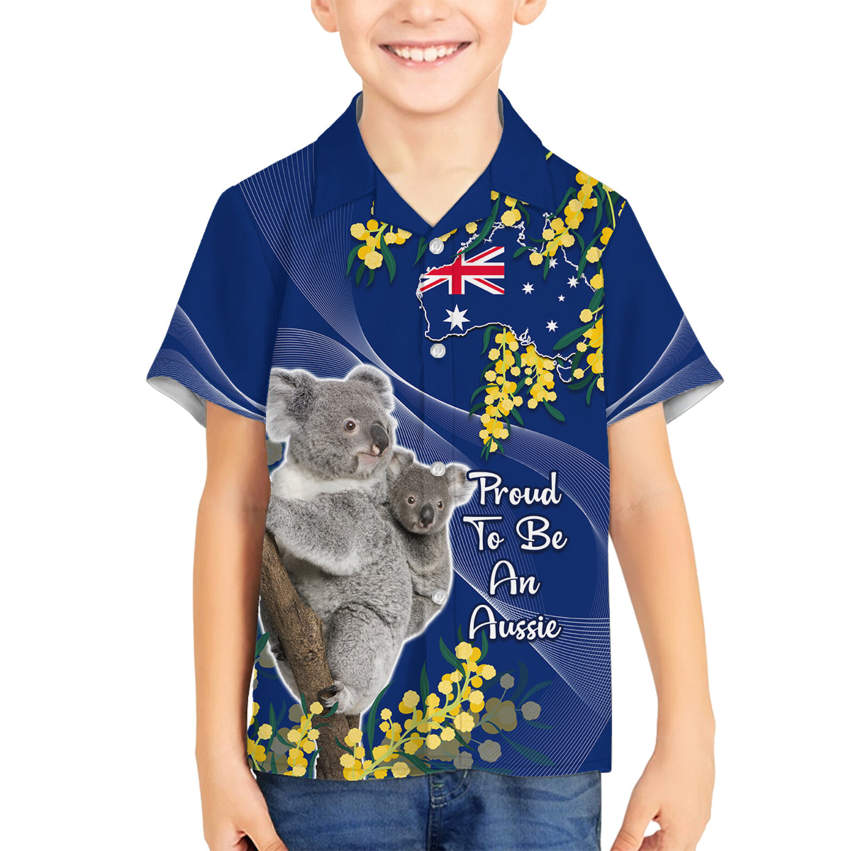 Australia Day Family Matching Long Sleeve Bodycon Dress and Hawaiian Shirt Proud To Be An Aussie Koala With Map Golden Wattle