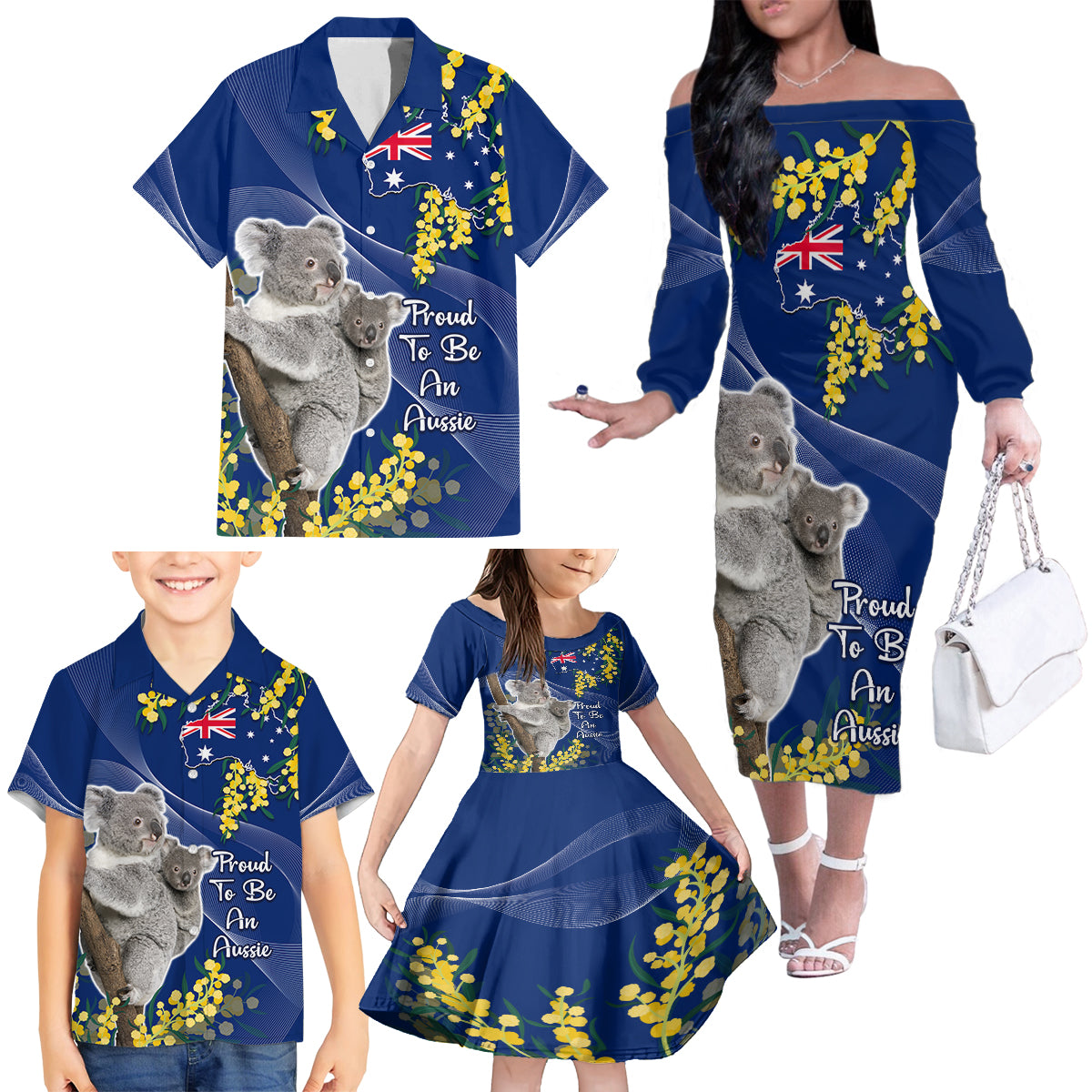 Australia Day Family Matching Off Shoulder Long Sleeve Dress and Hawaiian Shirt Proud To Be An Aussie Koala With Map Golden Wattle