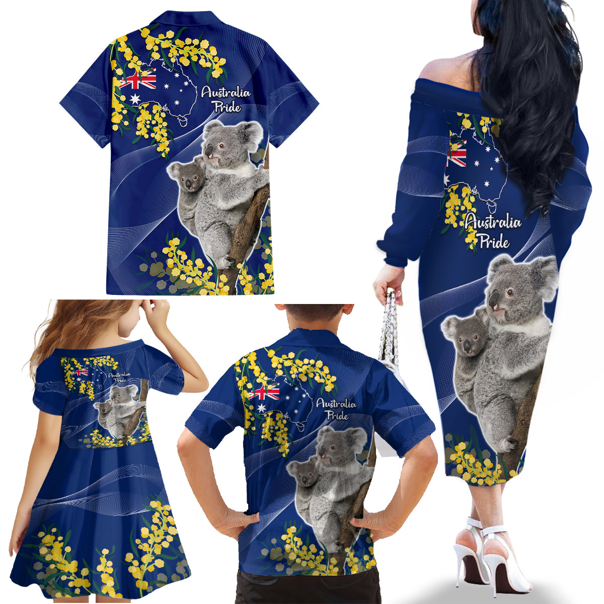 Australia Day Family Matching Off Shoulder Long Sleeve Dress and Hawaiian Shirt Proud To Be An Aussie Koala With Map Golden Wattle