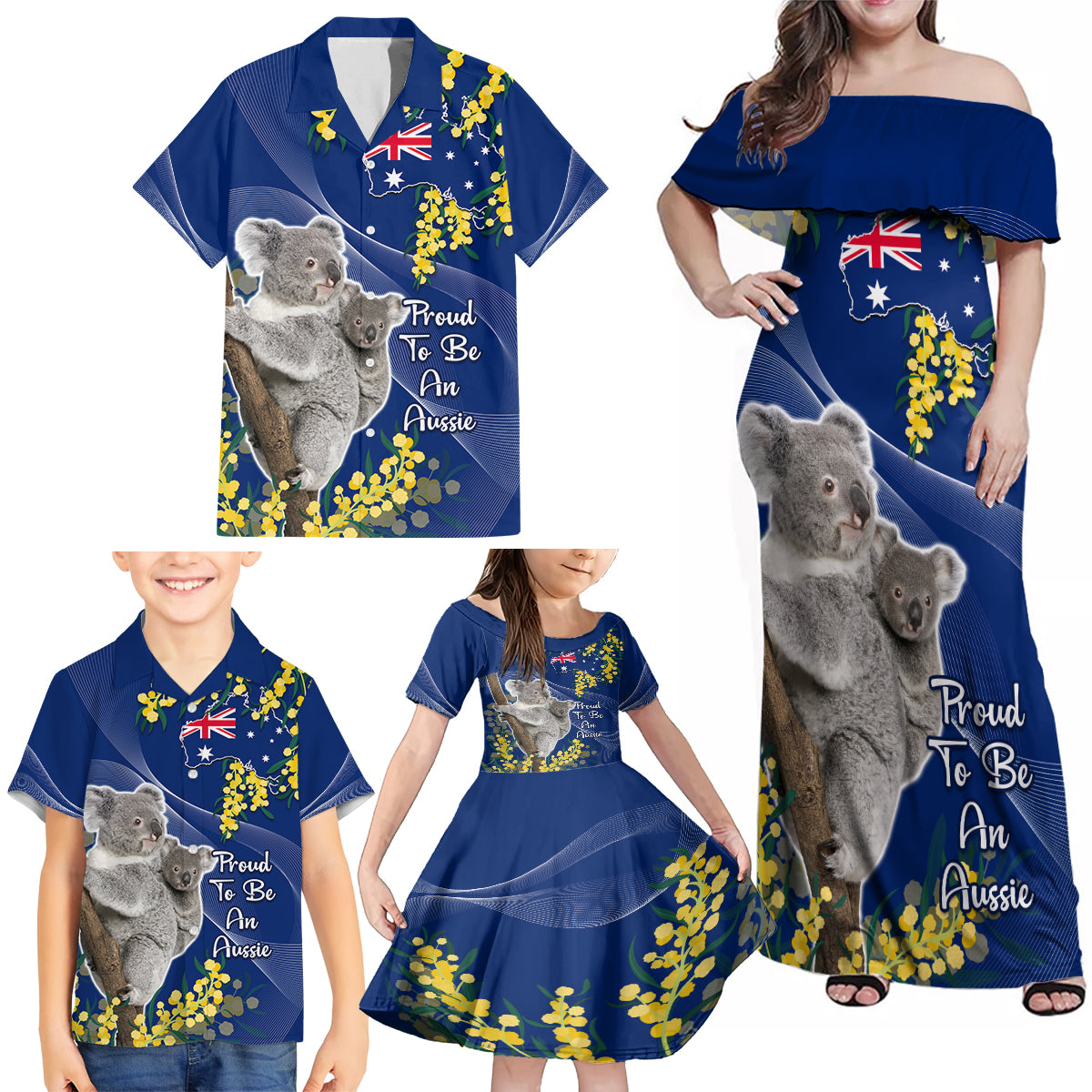 Australia Day Family Matching Off Shoulder Maxi Dress and Hawaiian Shirt Proud To Be An Aussie Koala With Map Golden Wattle