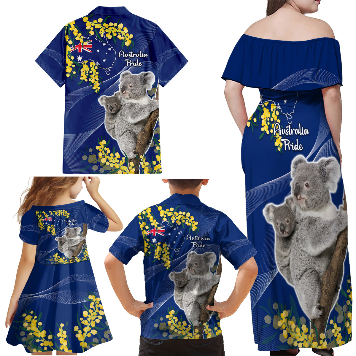 Australia Day Family Matching Off Shoulder Maxi Dress and Hawaiian Shirt Proud To Be An Aussie Koala With Map Golden Wattle