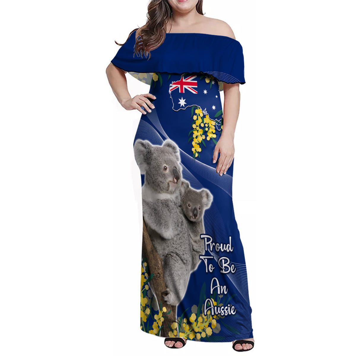 Australia Day Family Matching Off Shoulder Maxi Dress and Hawaiian Shirt Proud To Be An Aussie Koala With Map Golden Wattle