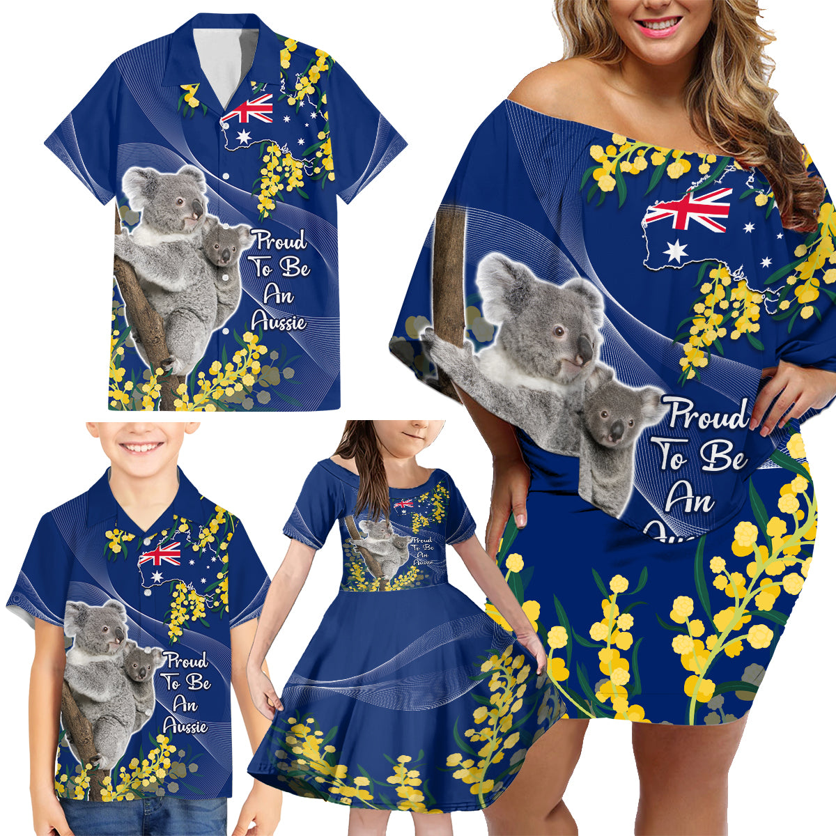 Australia Day Family Matching Off Shoulder Short Dress and Hawaiian Shirt Proud To Be An Aussie Koala With Map Golden Wattle