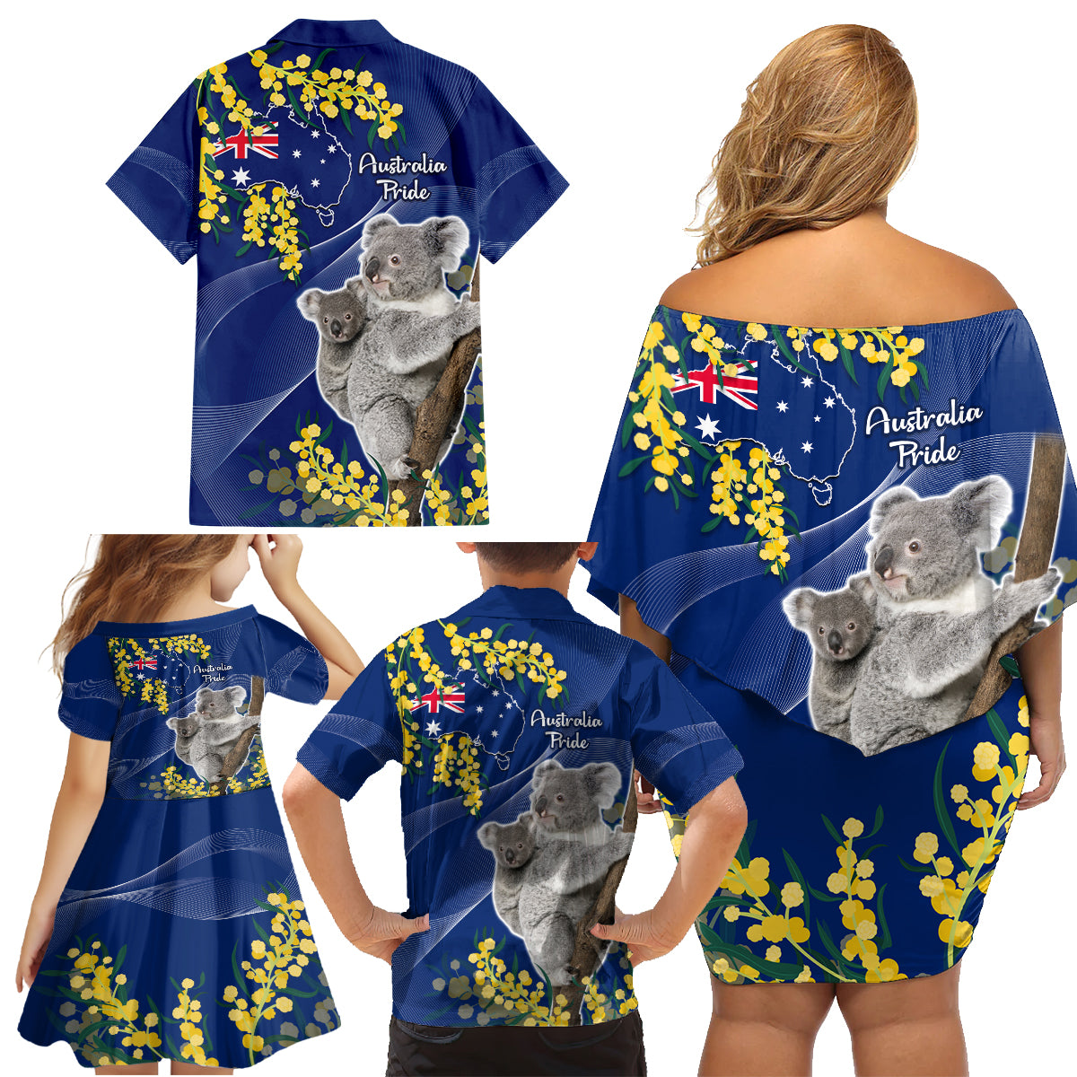 Australia Day Family Matching Off Shoulder Short Dress and Hawaiian Shirt Proud To Be An Aussie Koala With Map Golden Wattle