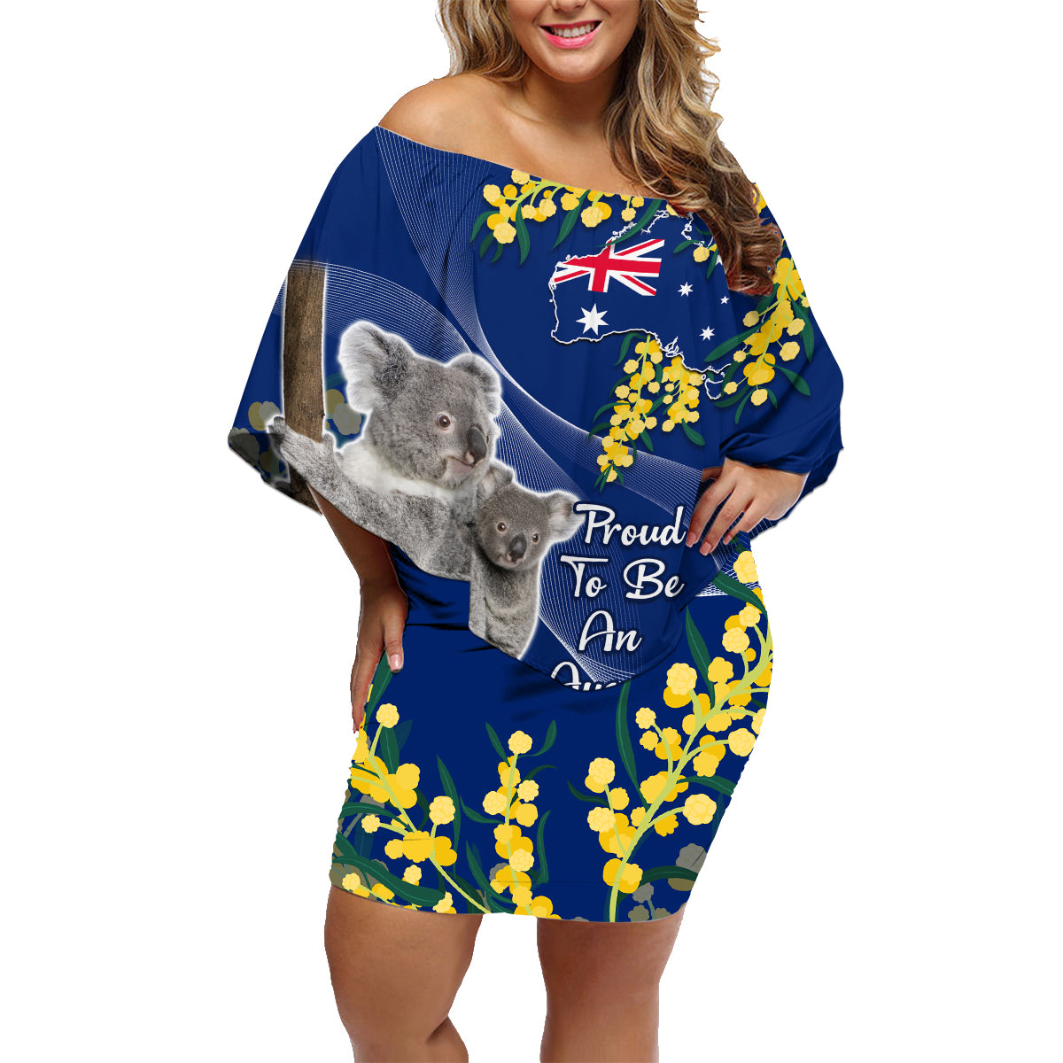 Australia Day Family Matching Off Shoulder Short Dress and Hawaiian Shirt Proud To Be An Aussie Koala With Map Golden Wattle