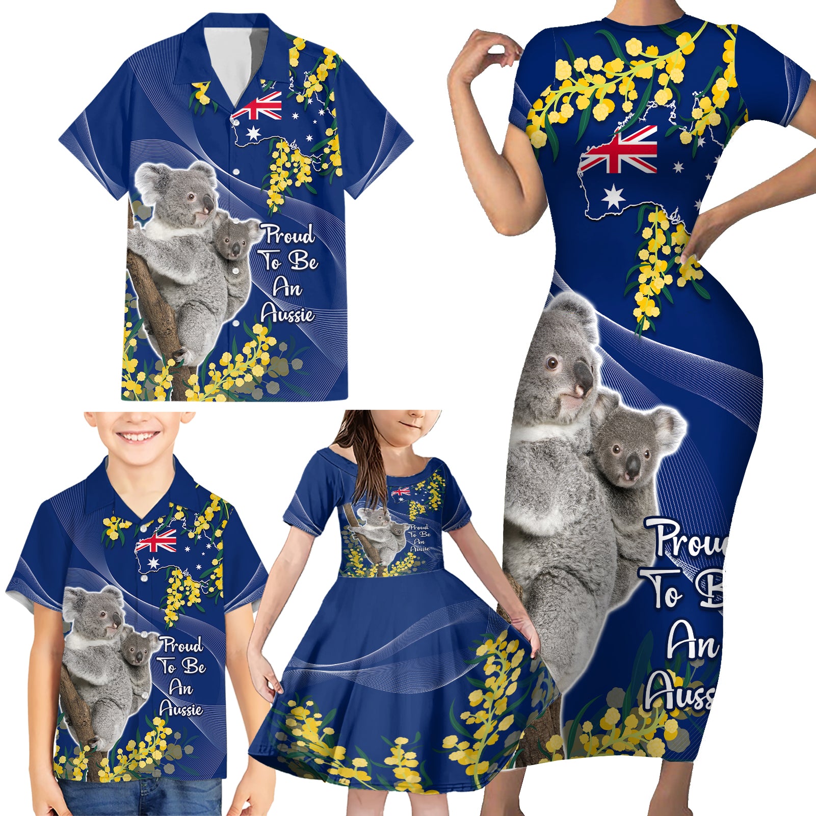 Australia Day Family Matching Short Sleeve Bodycon Dress and Hawaiian Shirt Proud To Be An Aussie Koala With Map Golden Wattle