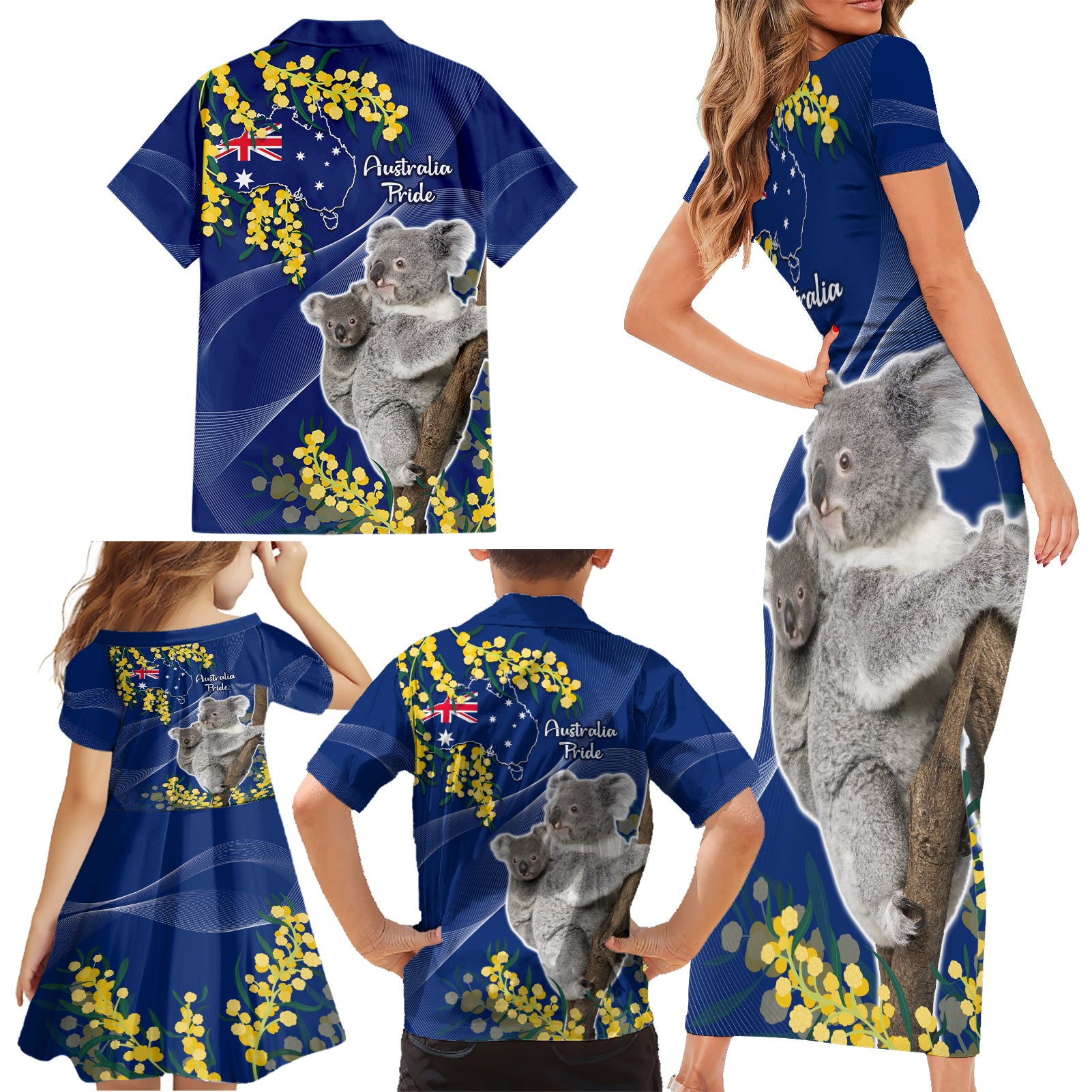 Australia Day Family Matching Short Sleeve Bodycon Dress and Hawaiian Shirt Proud To Be An Aussie Koala With Map Golden Wattle