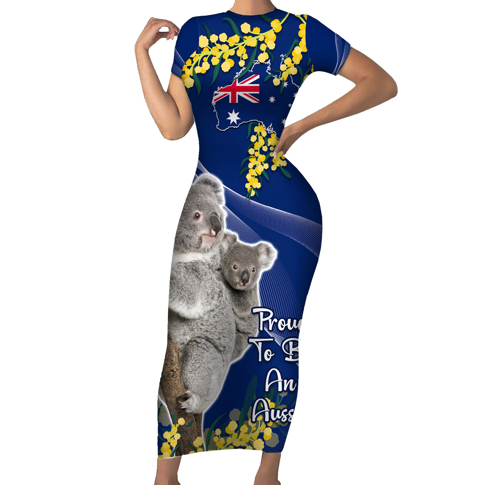 Australia Day Family Matching Short Sleeve Bodycon Dress and Hawaiian Shirt Proud To Be An Aussie Koala With Map Golden Wattle