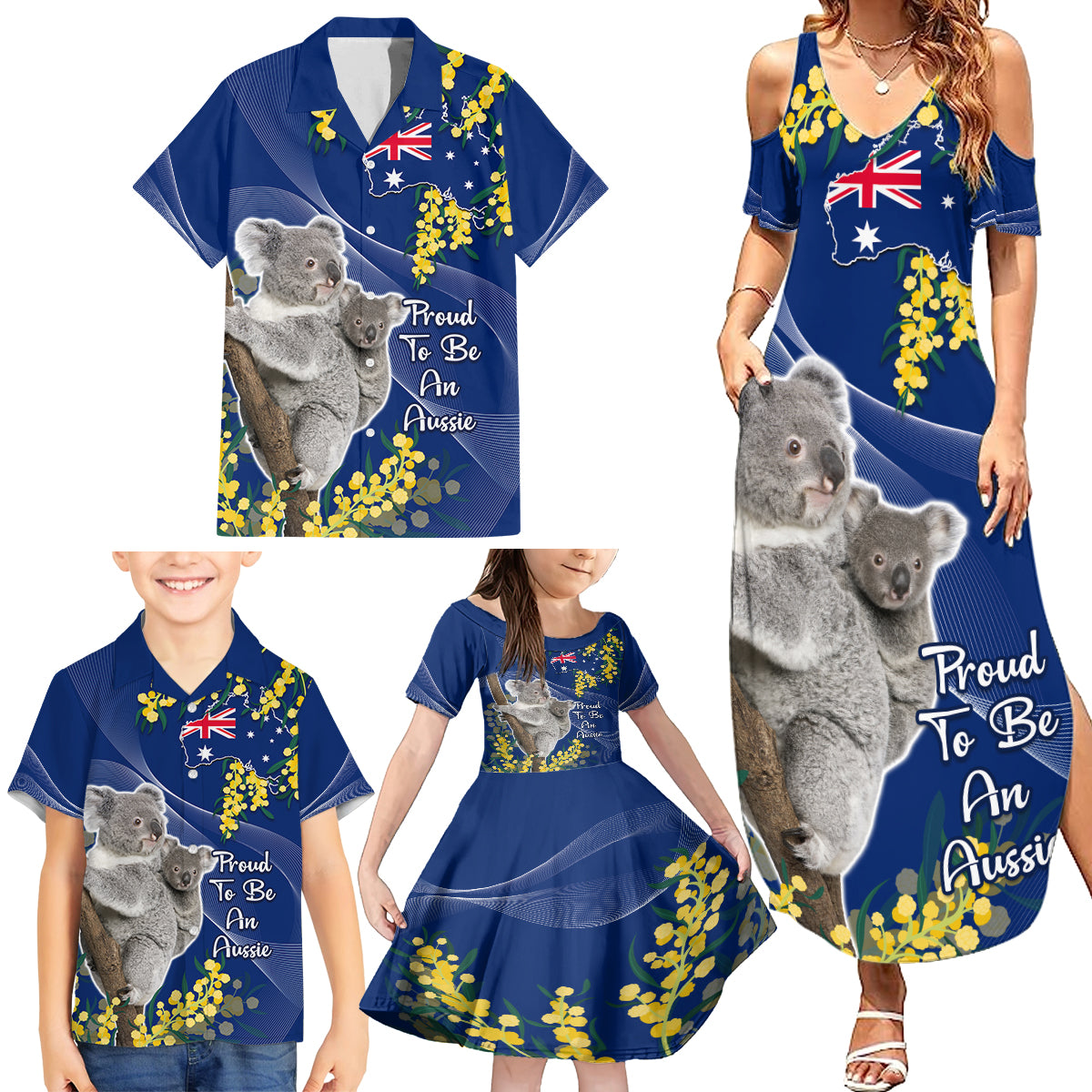 Australia Day Family Matching Summer Maxi Dress and Hawaiian Shirt Proud To Be An Aussie Koala With Map Golden Wattle