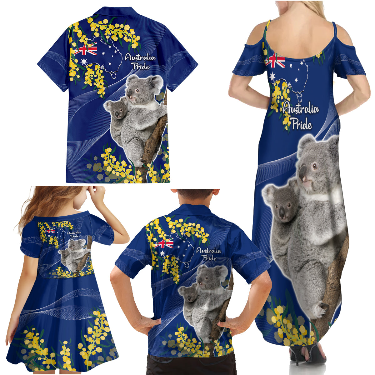 Australia Day Family Matching Summer Maxi Dress and Hawaiian Shirt Proud To Be An Aussie Koala With Map Golden Wattle