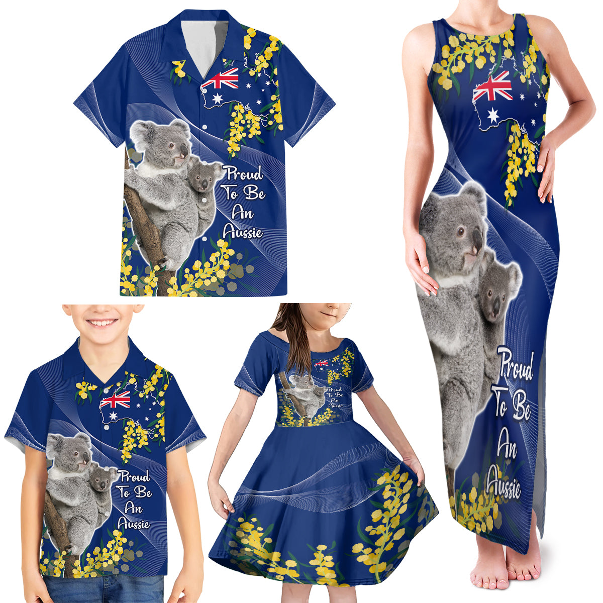 Australia Day Family Matching Tank Maxi Dress and Hawaiian Shirt Proud To Be An Aussie Koala With Map Golden Wattle