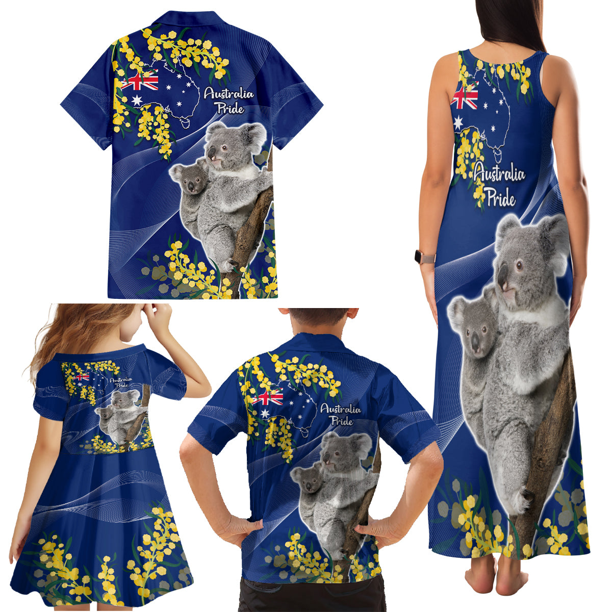 Australia Day Family Matching Tank Maxi Dress and Hawaiian Shirt Proud To Be An Aussie Koala With Map Golden Wattle