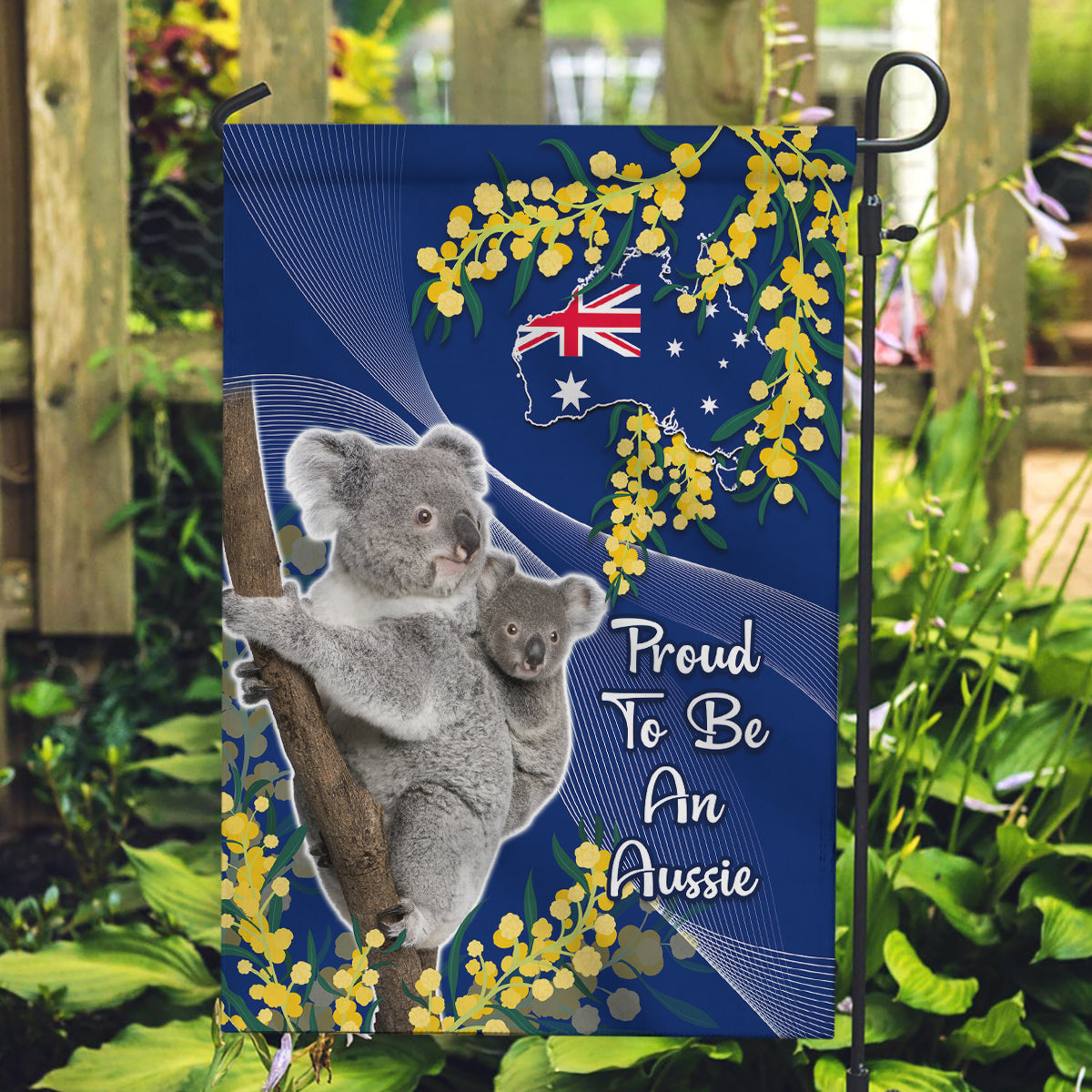 Australia Day Garden Flag Proud To Be An Aussie Koala With Map Golden Wattle - Vibe Hoodie Shop