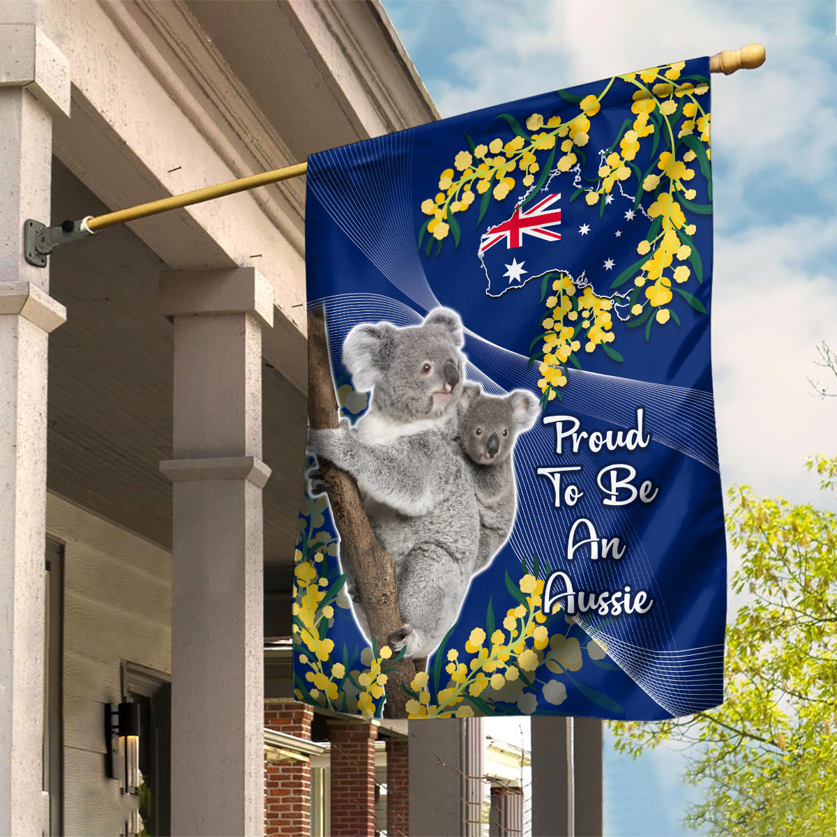 Australia Day Garden Flag Proud To Be An Aussie Koala With Map Golden Wattle - Vibe Hoodie Shop