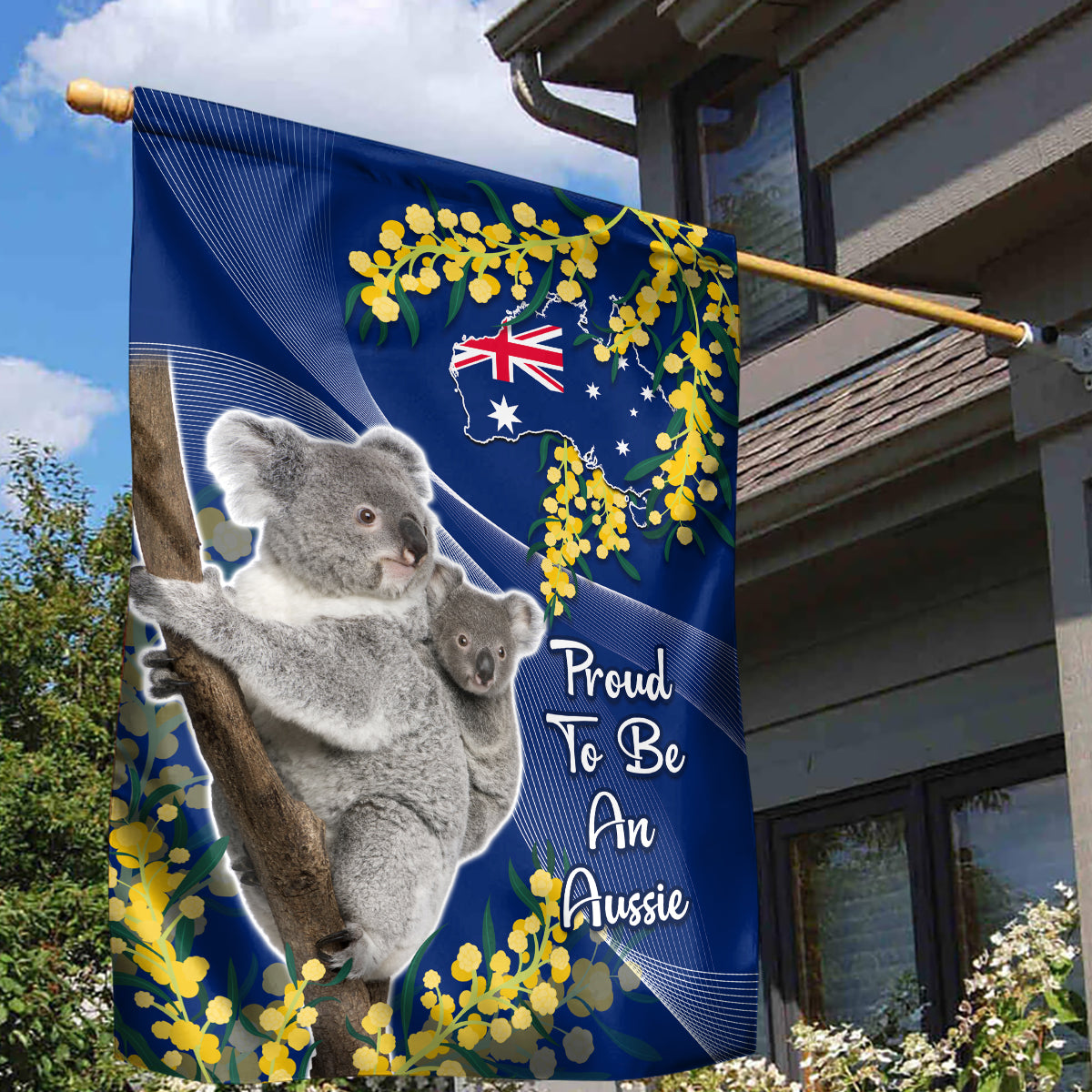 Australia Day Garden Flag Proud To Be An Aussie Koala With Map Golden Wattle - Vibe Hoodie Shop