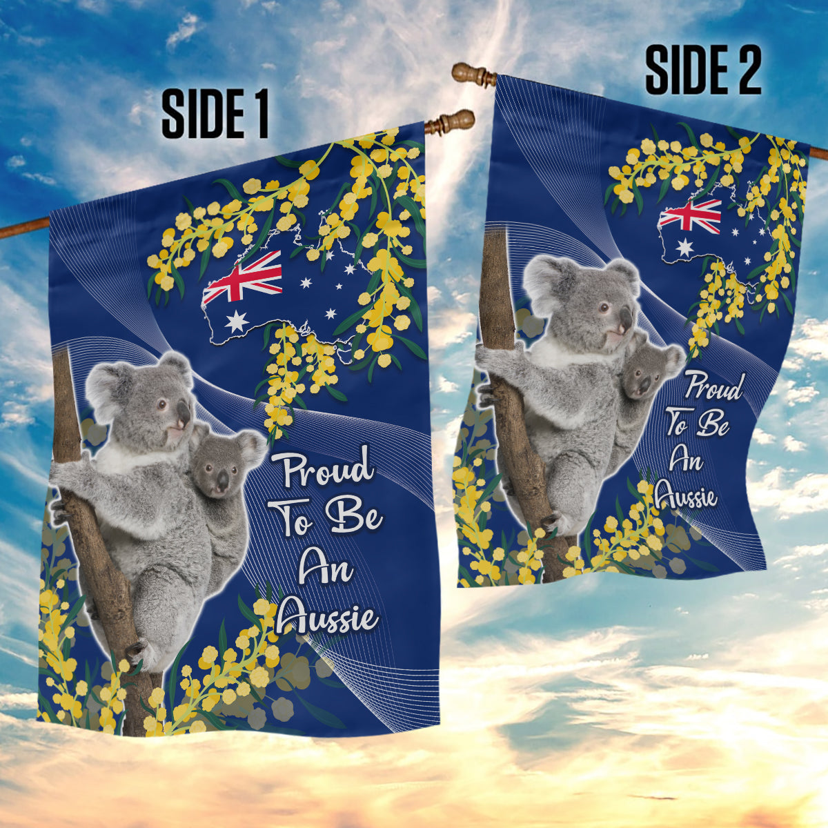 Australia Day Garden Flag Proud To Be An Aussie Koala With Map Golden Wattle - Vibe Hoodie Shop