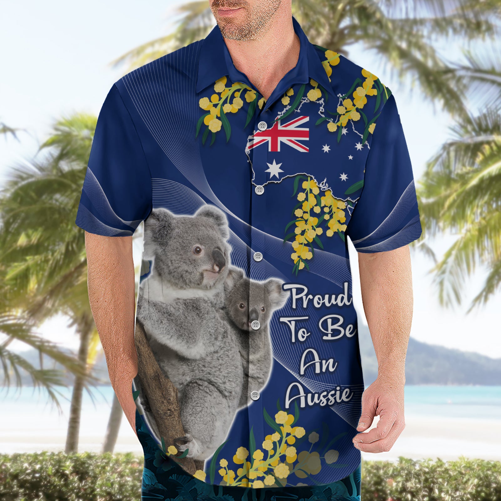 Australia Day Hawaiian Shirt Proud To Be An Aussie Koala With Map Golden Wattle - Vibe Hoodie Shop