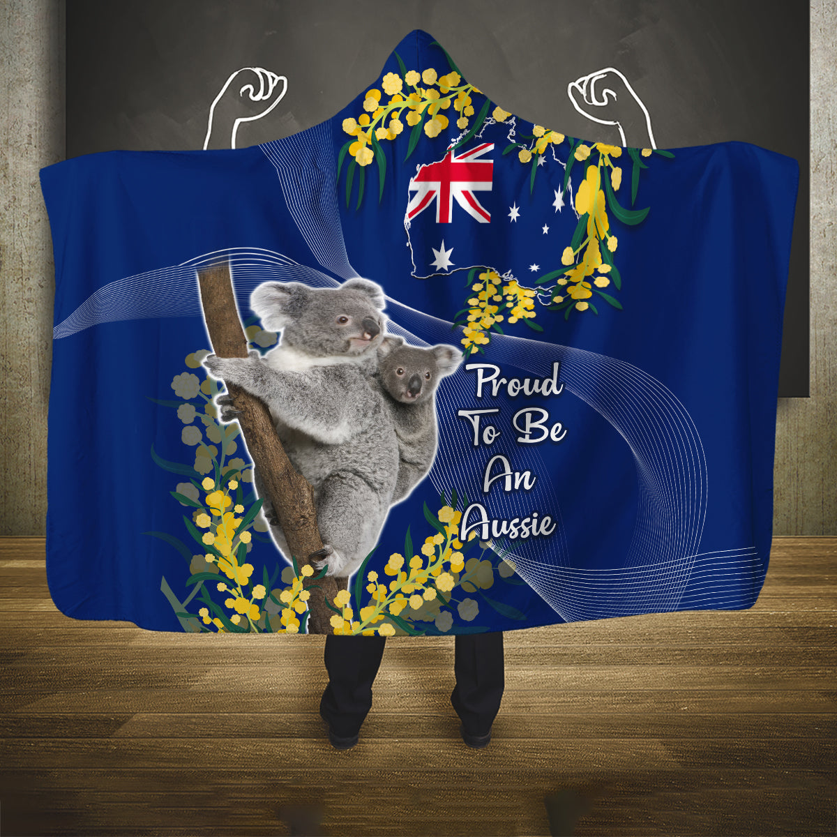 Australia Day Hooded Blanket Proud To Be An Aussie Koala With Map Golden Wattle